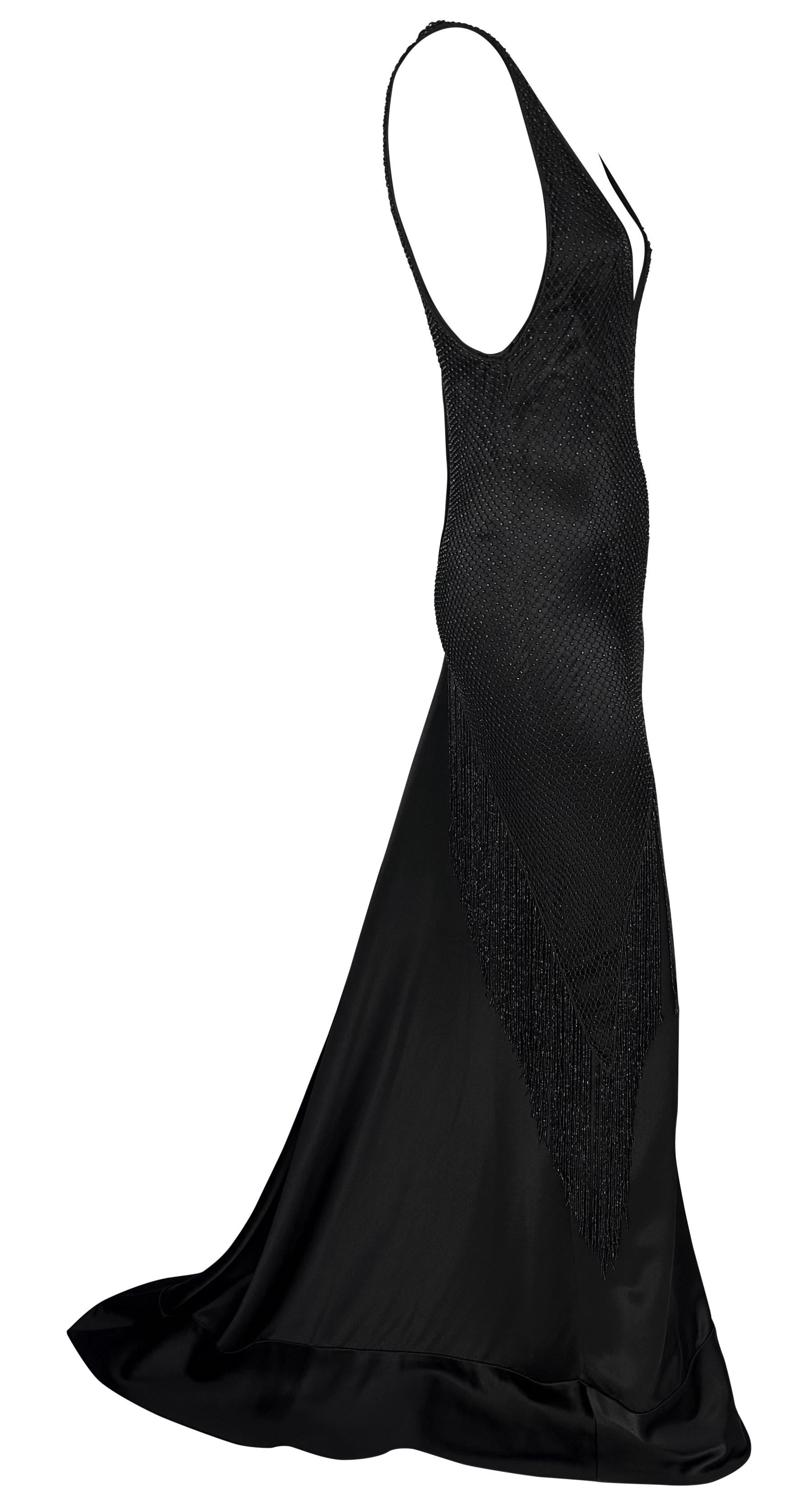 F/W 2002 Gucci by Tom Ford Beaded Fringe Overlay Black Satin Plunging Gown For Sale 6