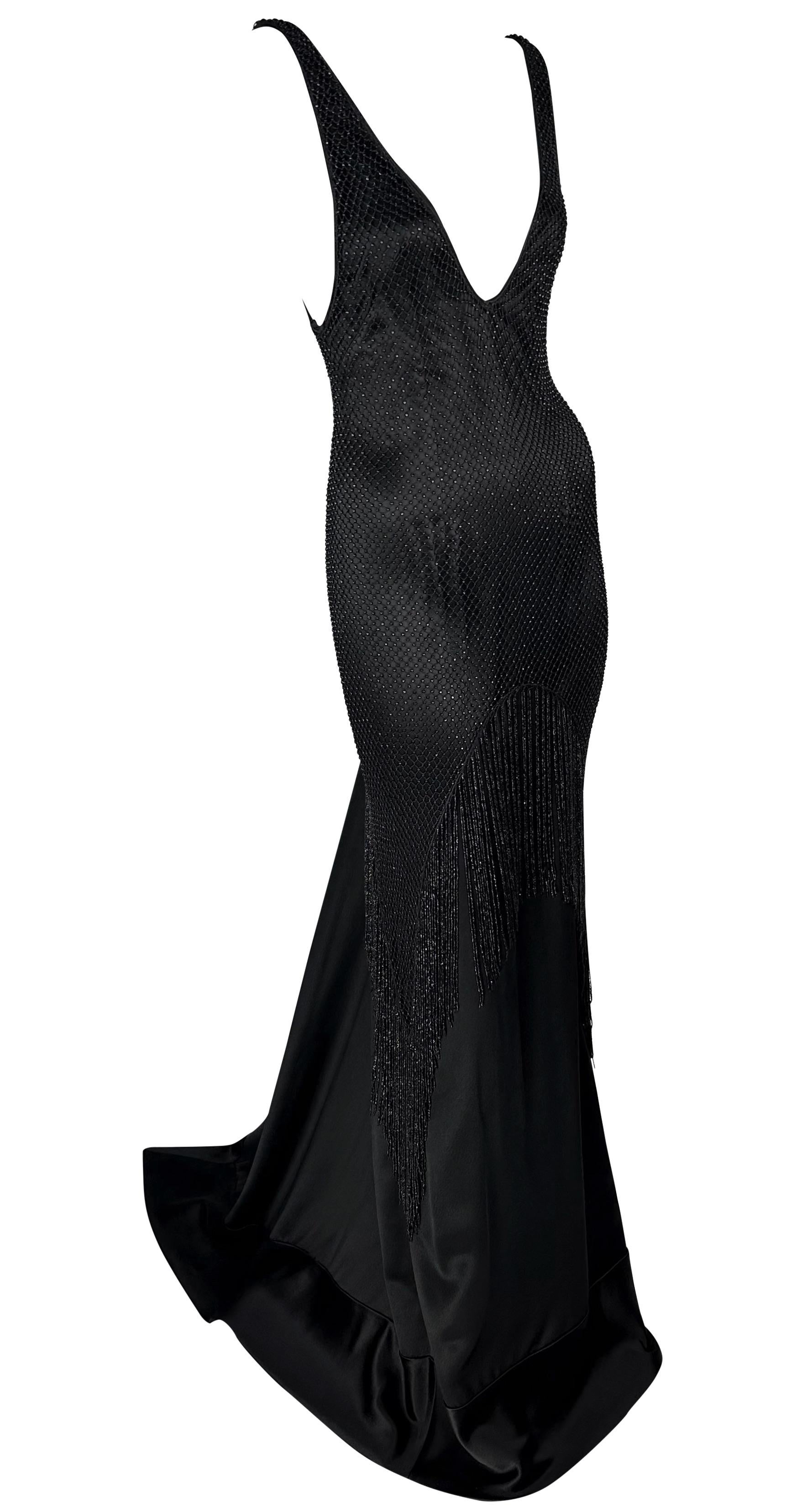 F/W 2002 Gucci by Tom Ford Beaded Fringe Overlay Black Satin Plunging Gown For Sale 7