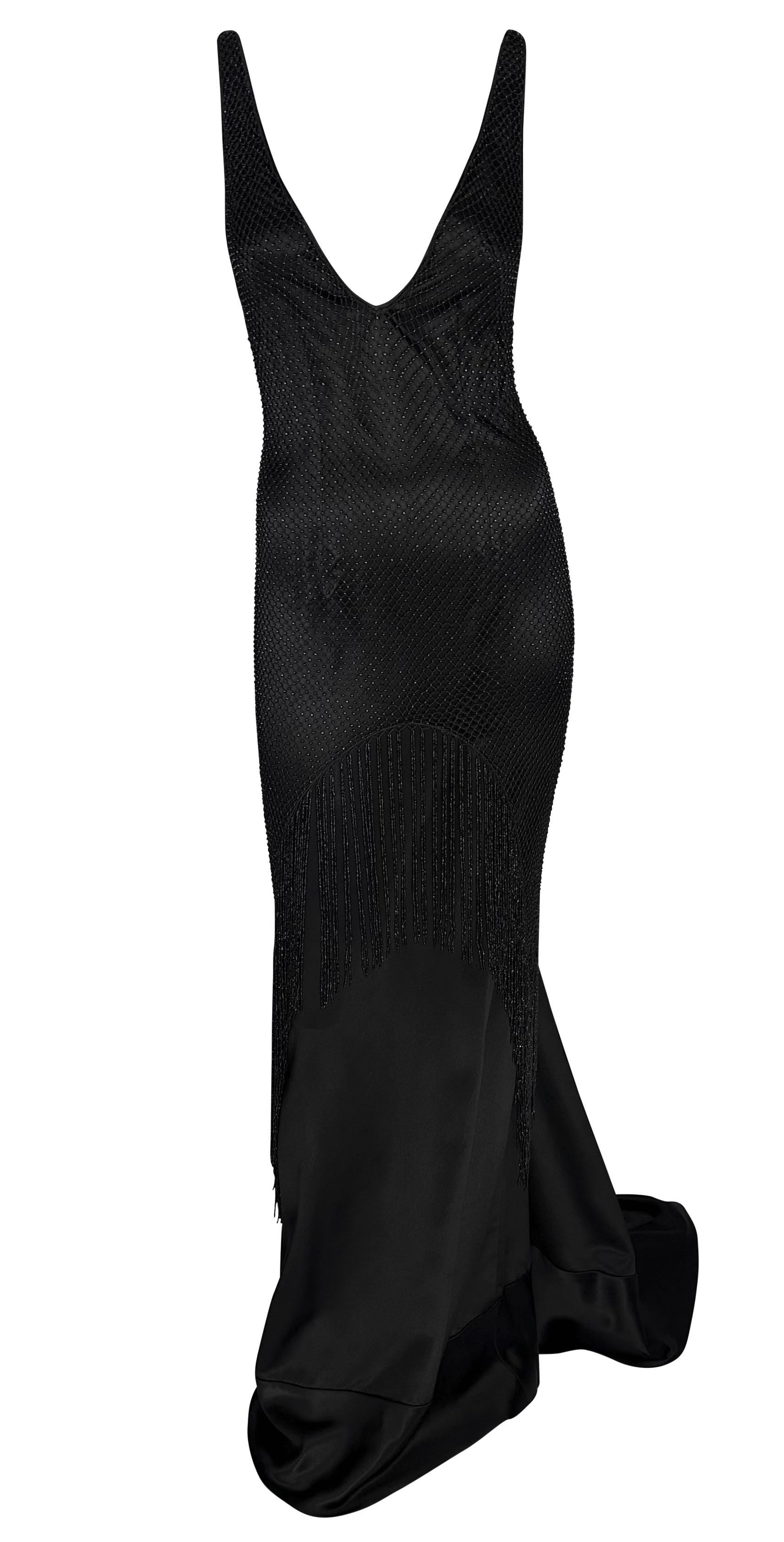 F/W 2002 Gucci by Tom Ford Beaded Fringe Overlay Black Satin Plunging Gown For Sale 8