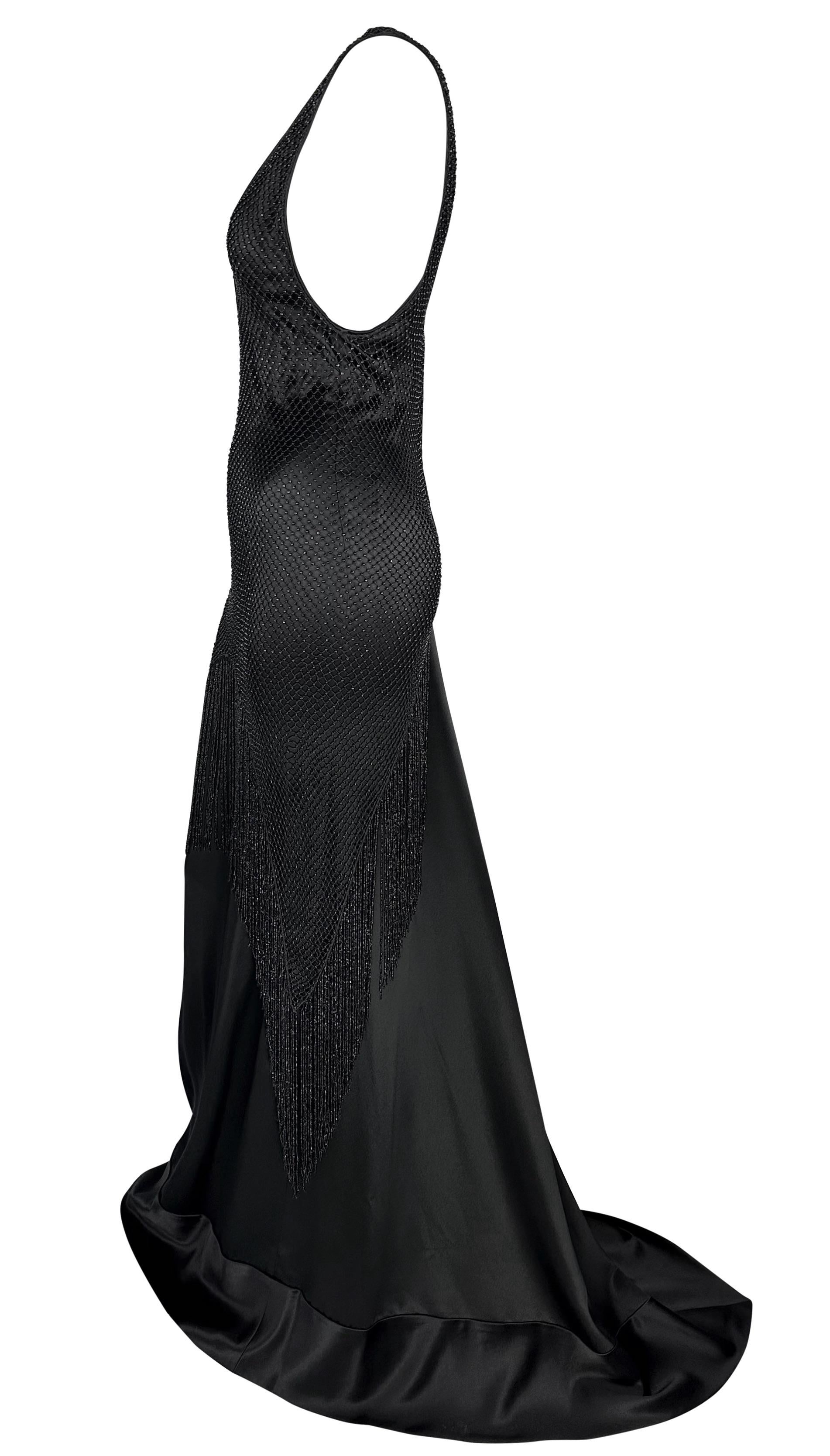 Women's F/W 2002 Gucci by Tom Ford Beaded Fringe Overlay Black Satin Plunging Gown For Sale