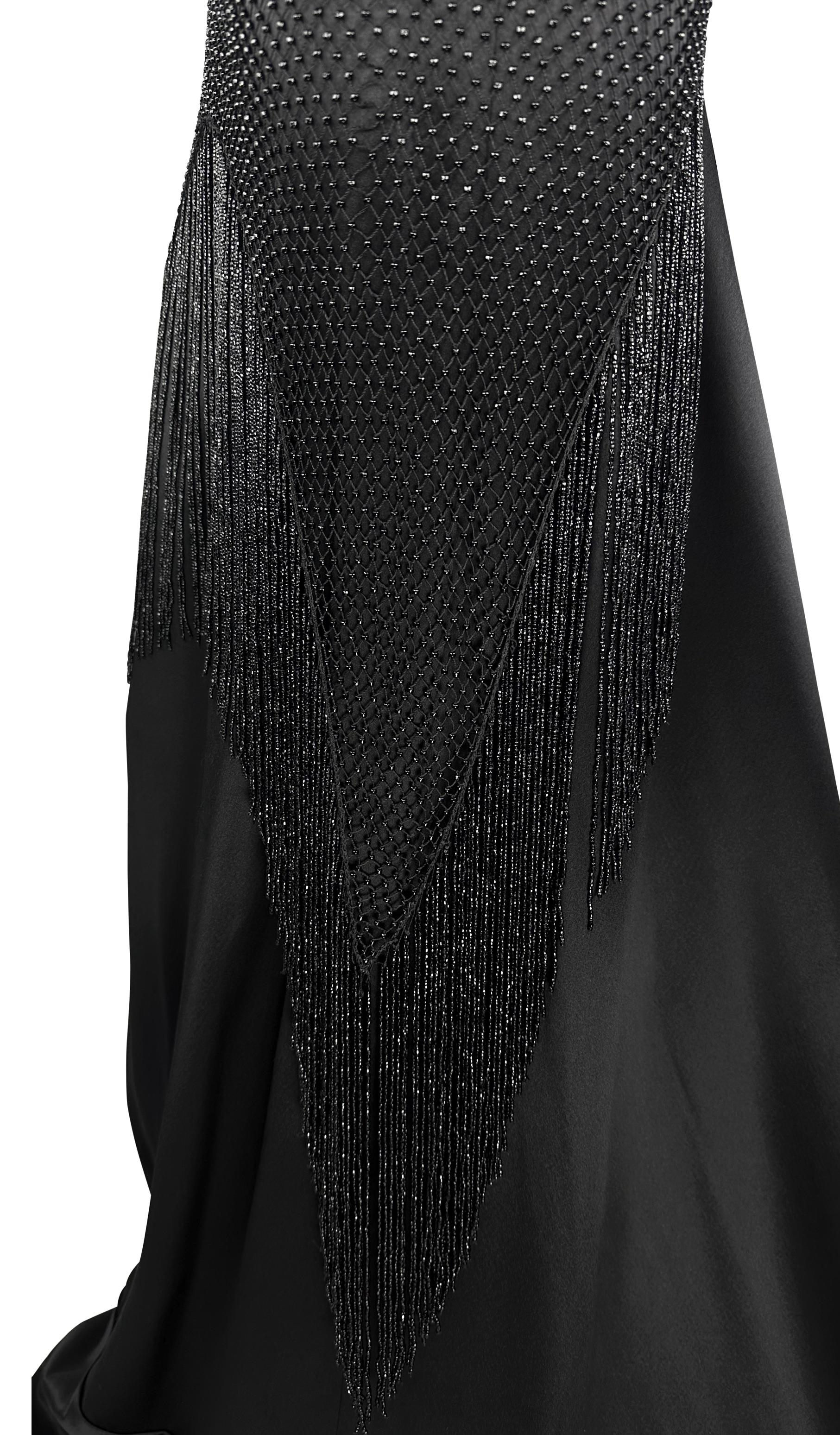 F/W 2002 Gucci by Tom Ford Beaded Fringe Overlay Black Satin Plunging Gown For Sale 1