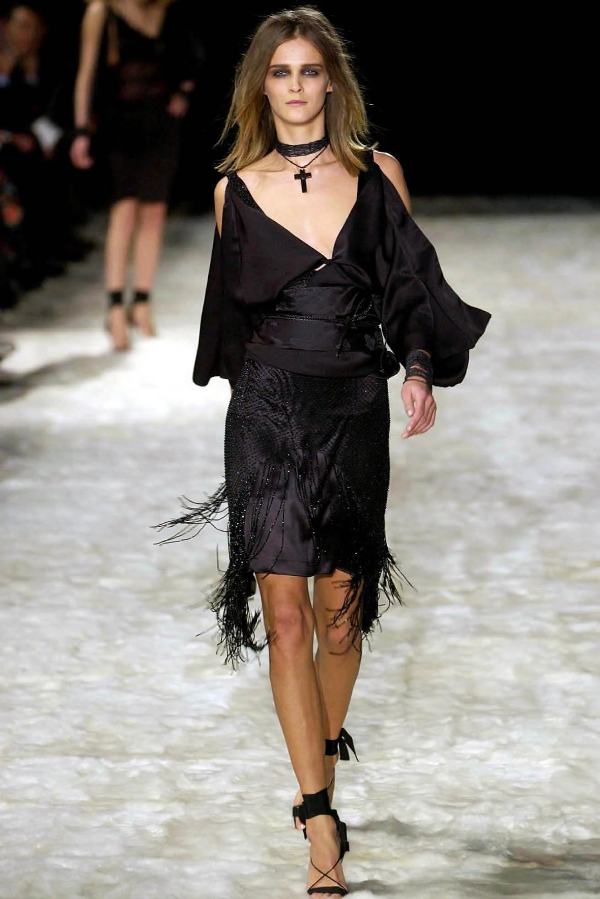F/W 2002 Gucci by Tom Ford Beaded Fringe Overlay Black Satin Plunging Gown For Sale 3