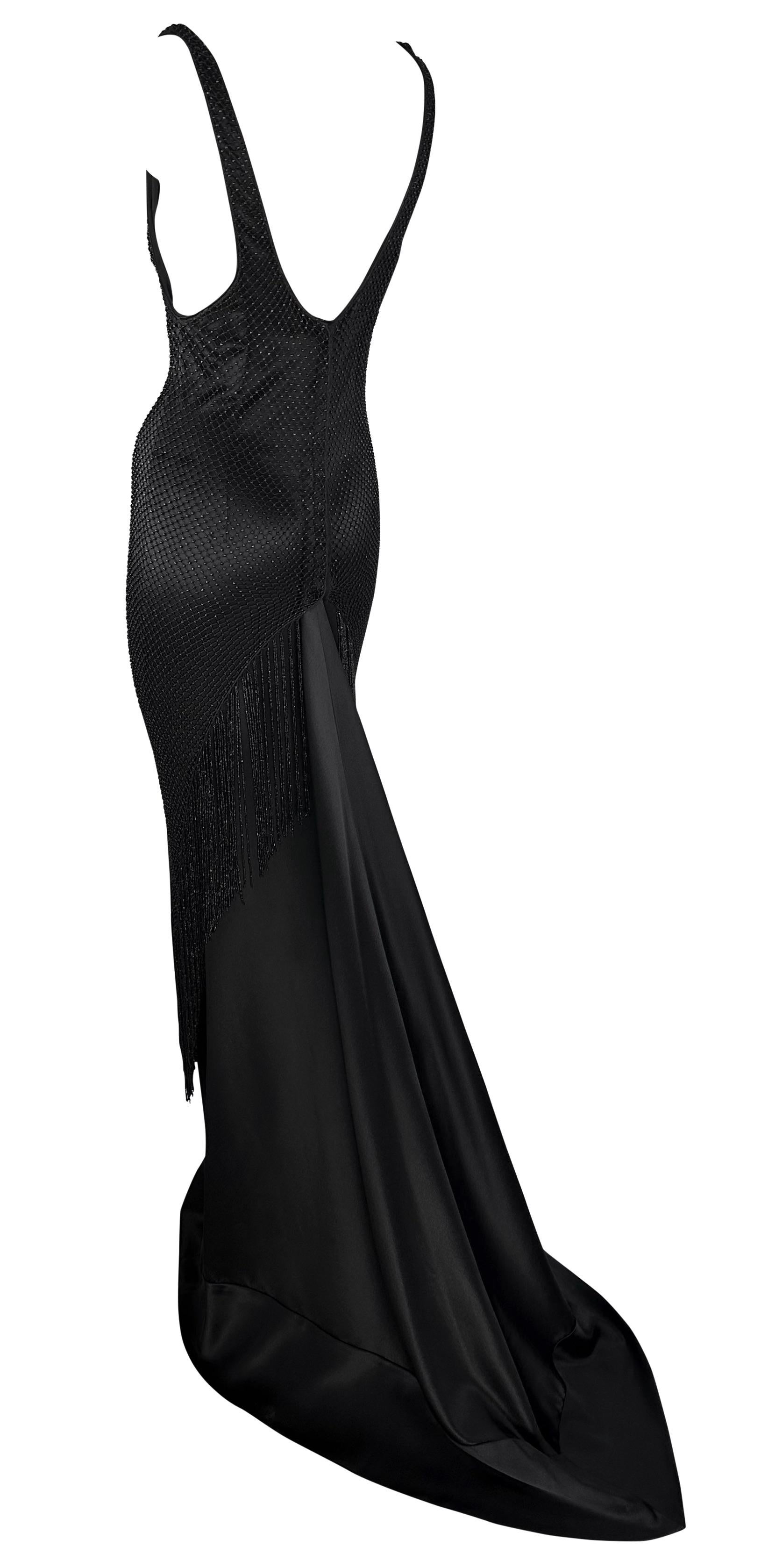 F/W 2002 Gucci by Tom Ford Beaded Fringe Overlay Black Satin Plunging Gown For Sale 4