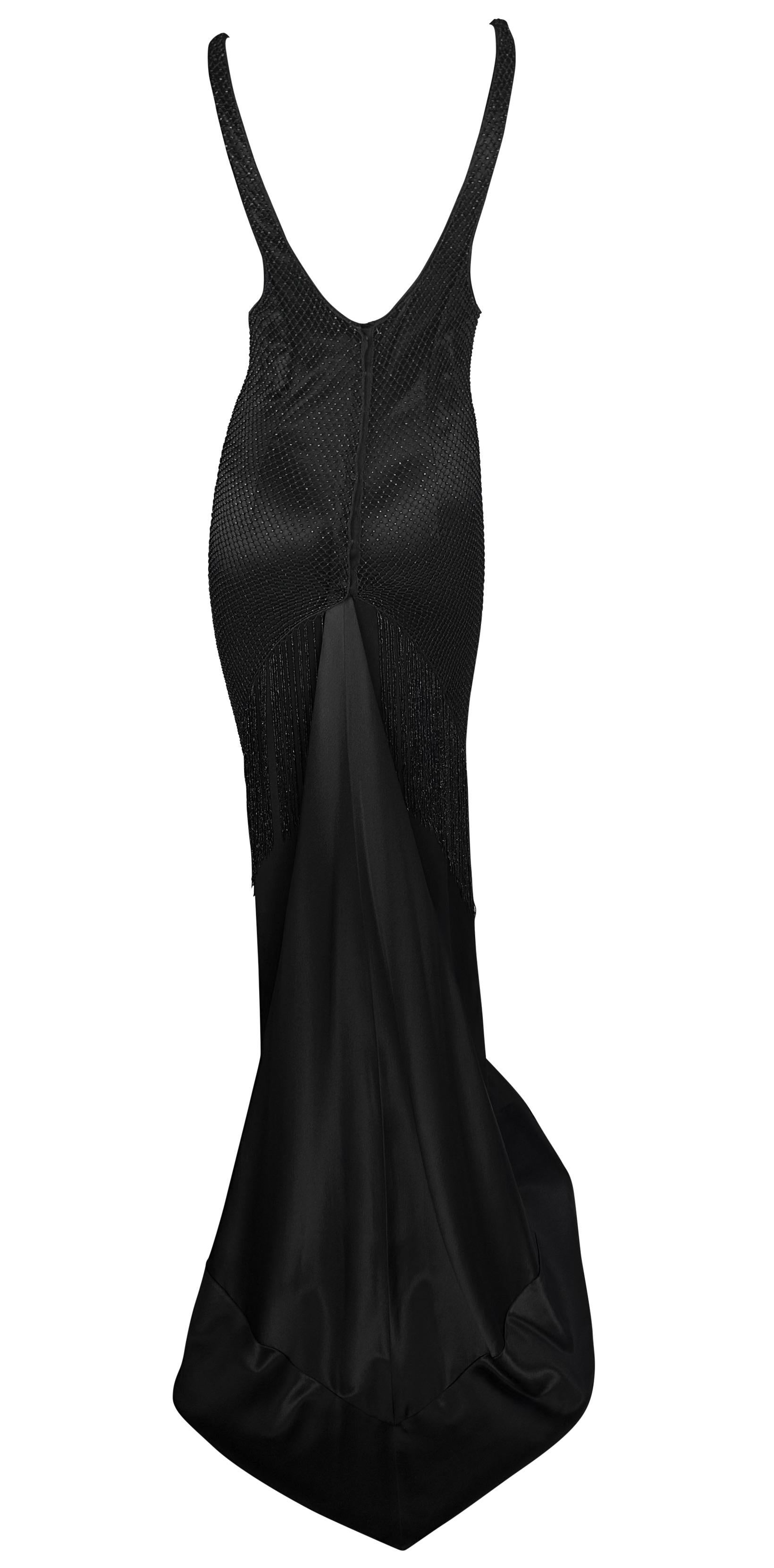 F/W 2002 Gucci by Tom Ford Beaded Fringe Overlay Black Satin Plunging Gown For Sale 5
