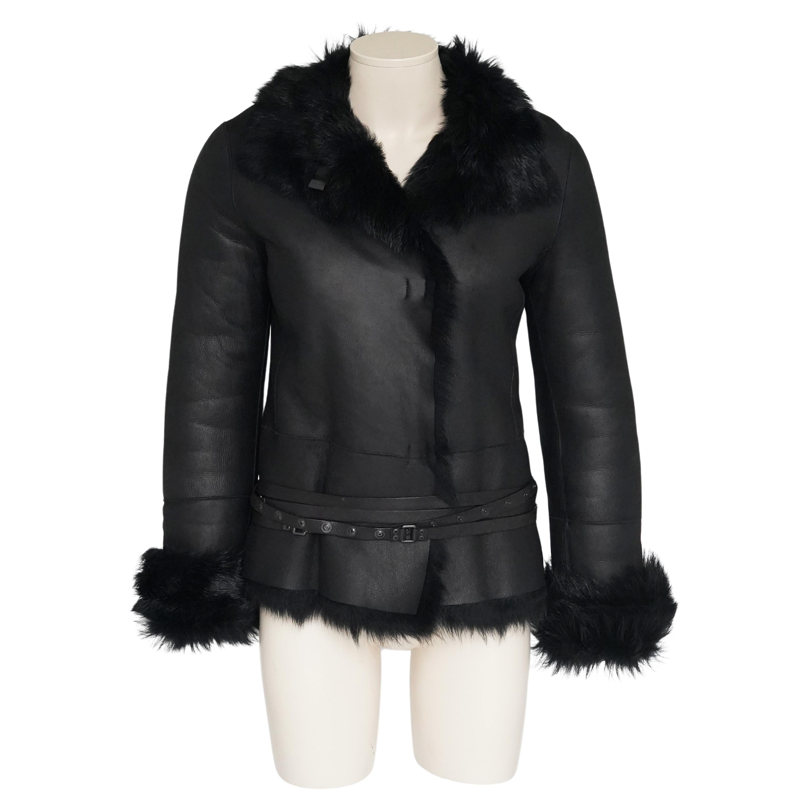 F/W 2002 Gucci By Tom Ford Black Belted Shearling Leather Fur Coat