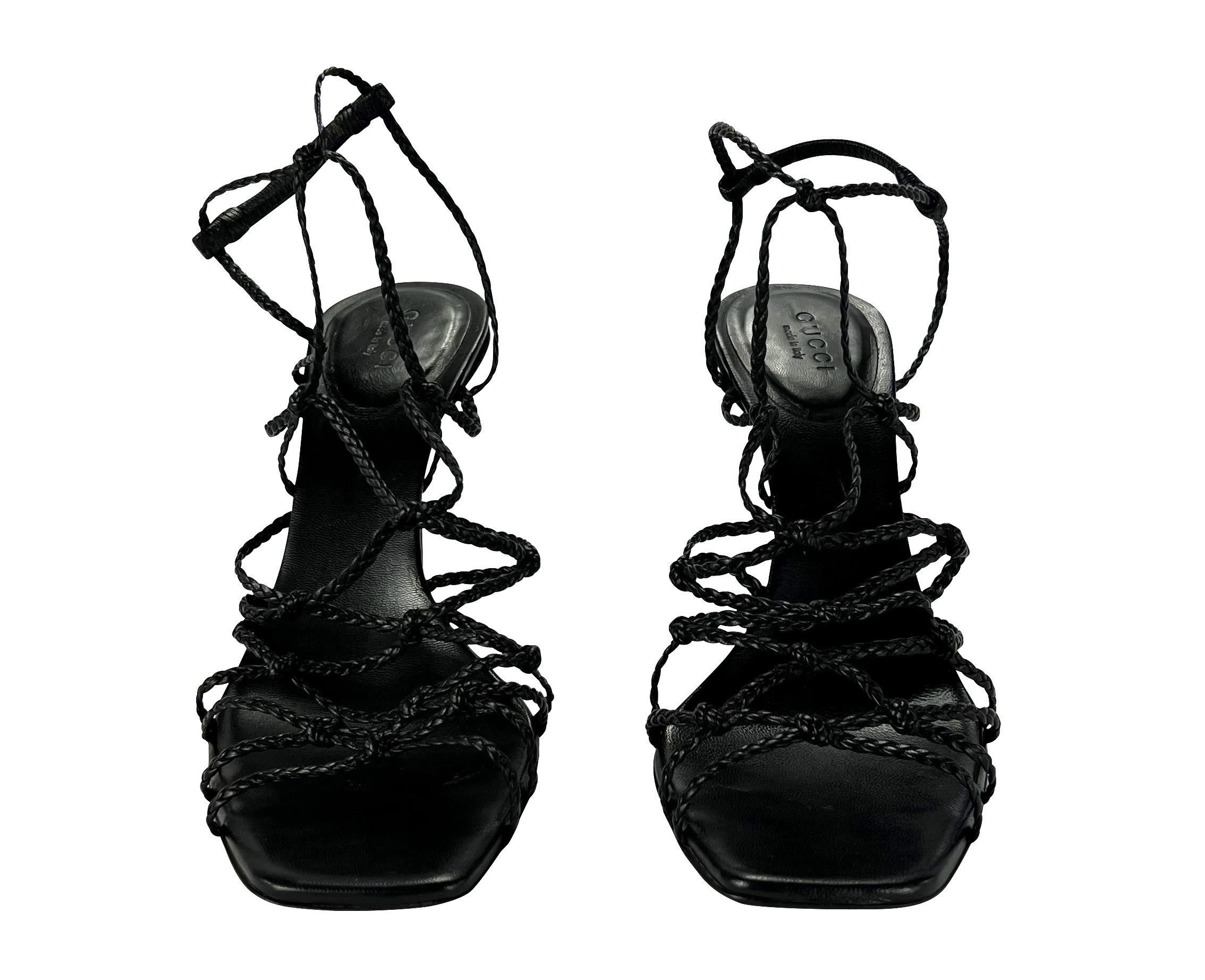 F/W 2002 Gucci by Tom Ford Black Braided Leather Strap Heels Size 7.5 B ...