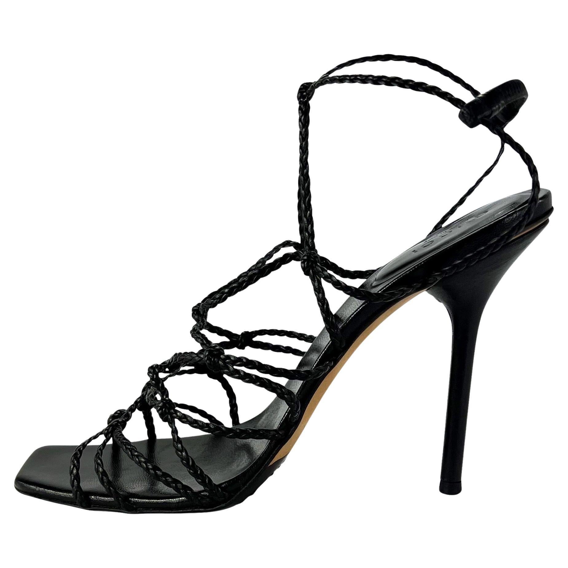 F/W 2002 Gucci by Tom Ford Black Braided Leather Strap Heels Size 7.5 B For Sale