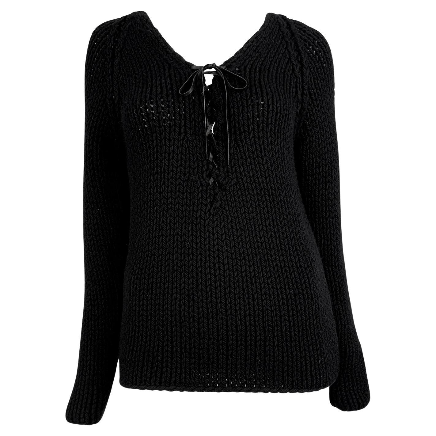 F/W 2002 Gucci by Tom Ford Black Cashmere Leather Tie Sweater Top For Sale