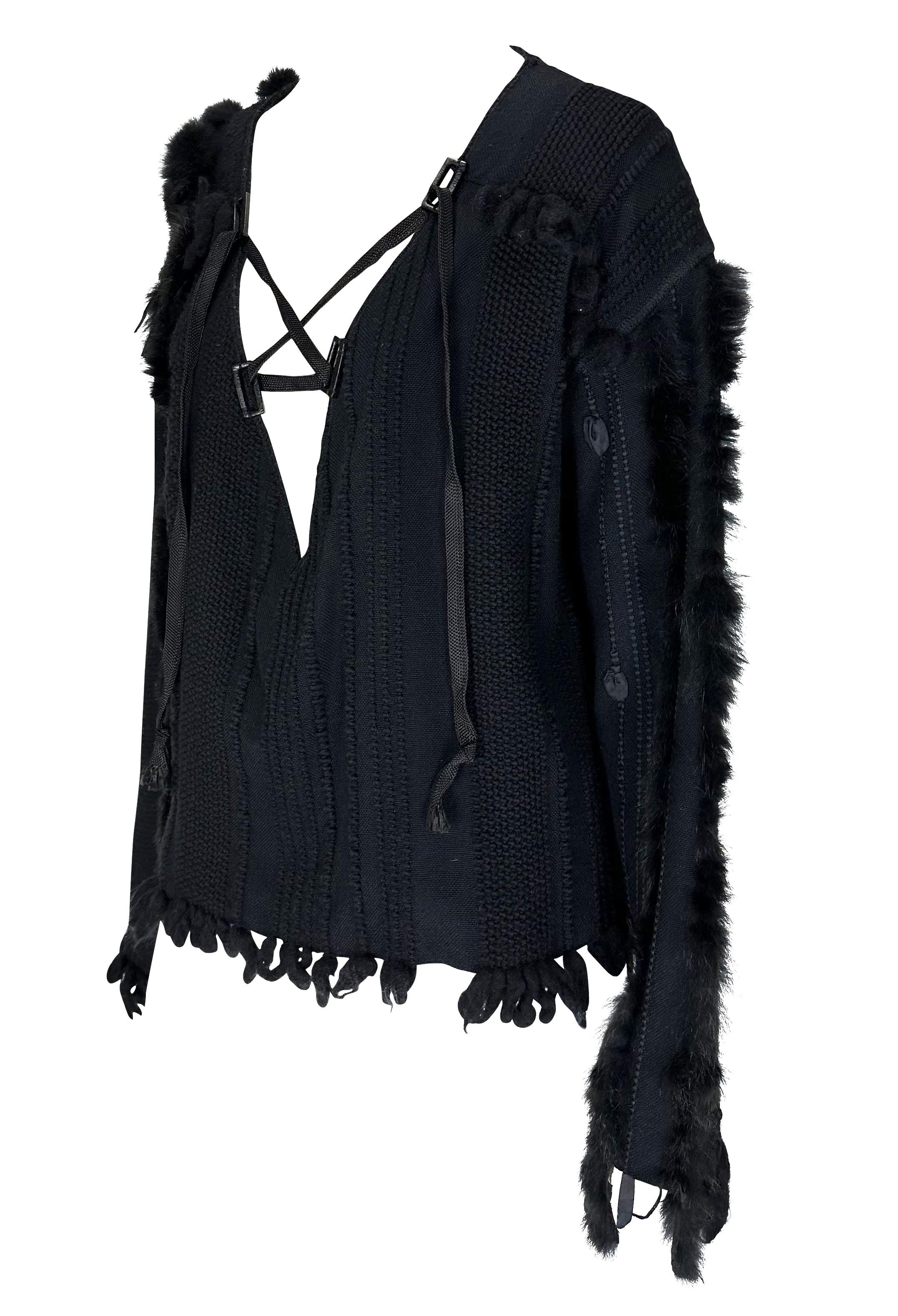 F/W 2002 Gucci by Tom Ford Black Fur Trimmed Knit Lace-Up Oversized Sweater Top In Good Condition In West Hollywood, CA