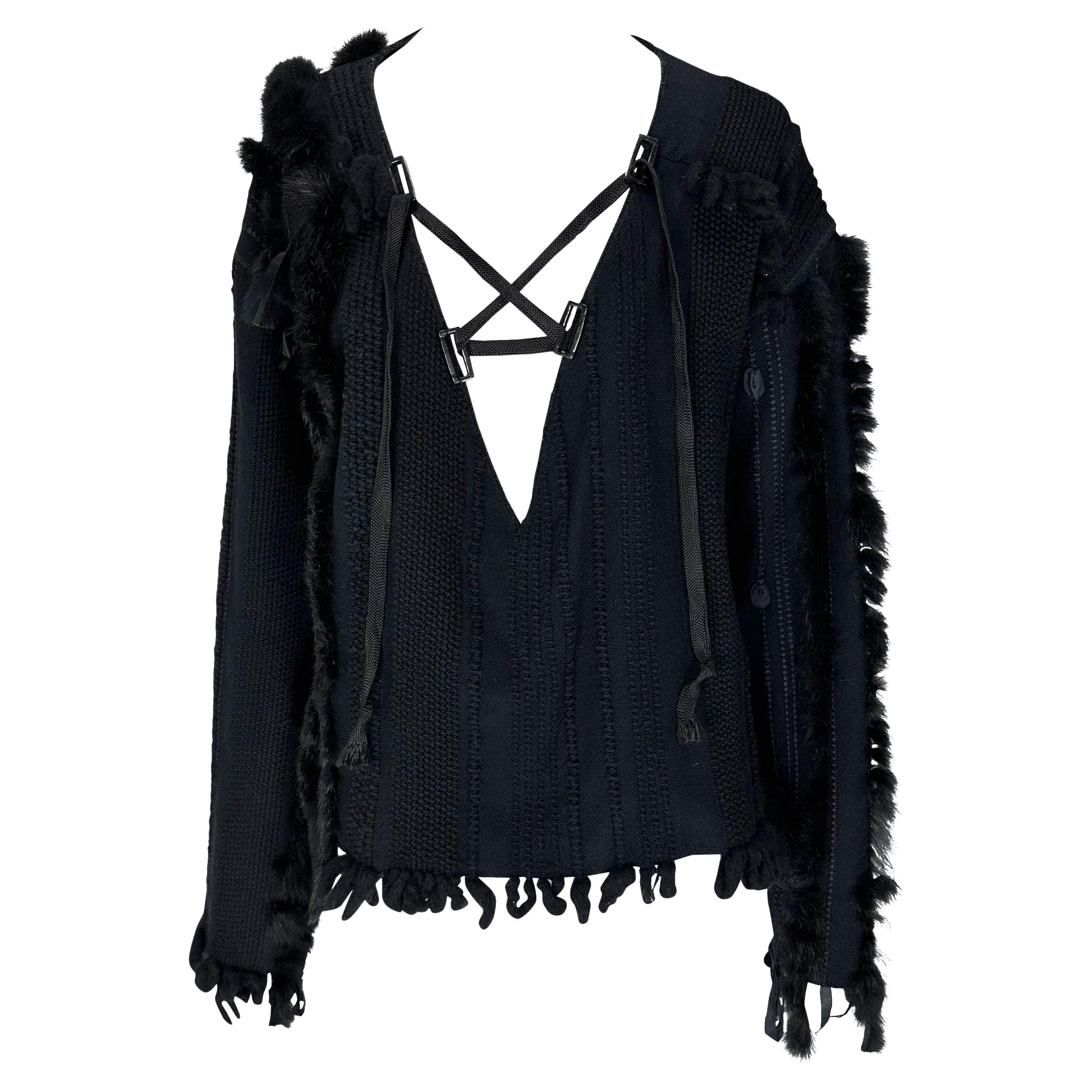 F/W 2002 Gucci by Tom Ford Black Fur Trimmed Knit Lace-Up Oversized Sweater Top en vente