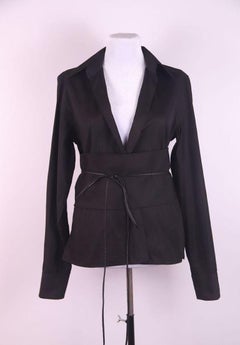 F/W 2002 Gucci by Tom Ford Black Obi Leather Belted Plunge Cotton Blouse