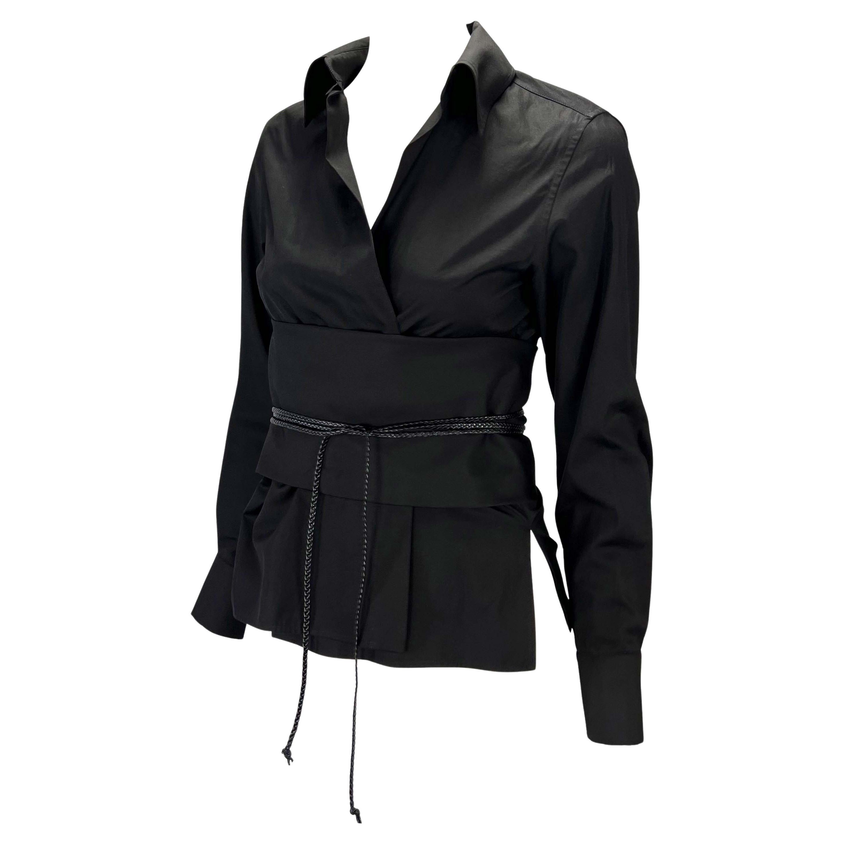 F/W 2002 Gucci by Tom Ford Black Obi Leather Belted Plunge Cotton Blouse  In Excellent Condition For Sale In West Hollywood, CA