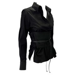 F/W 2002 Gucci by Tom Ford Black Obi Leather Belted Plunge Cotton Blouse 