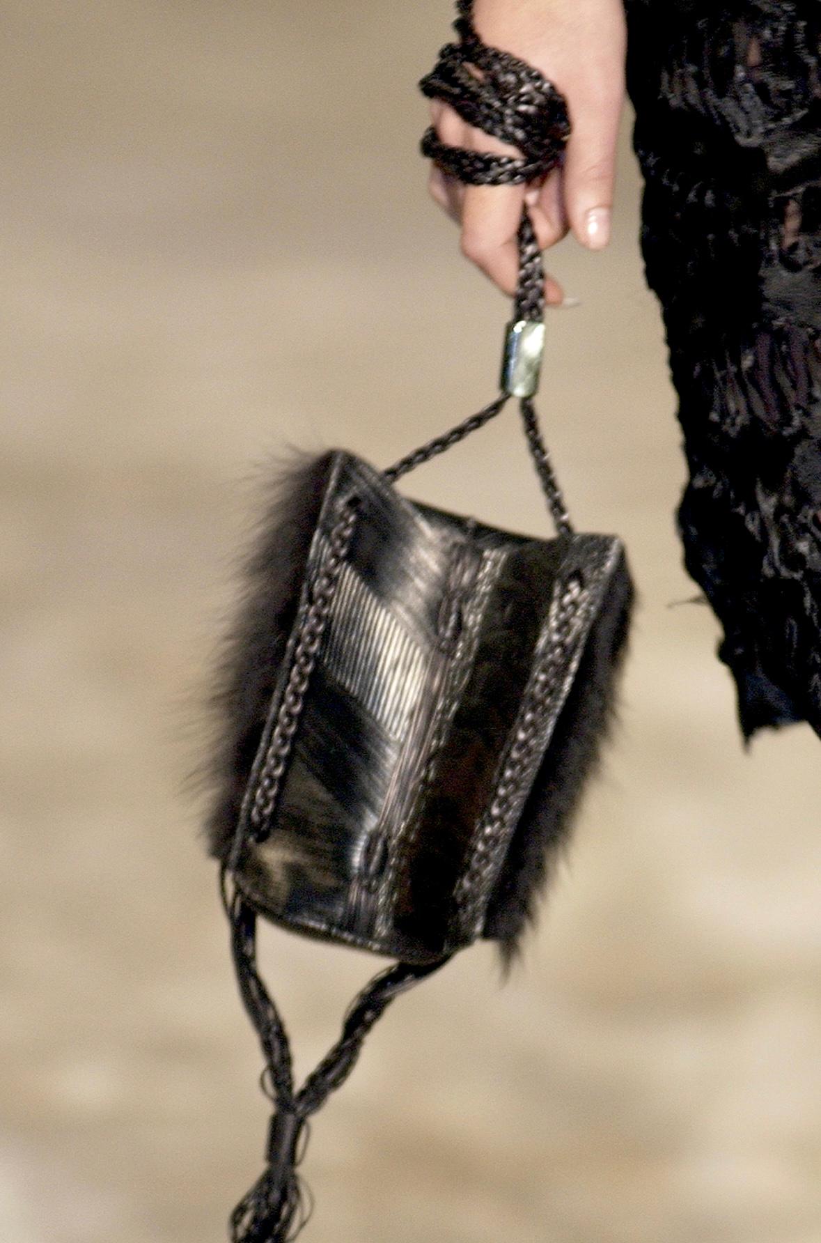 Women's F/W 2002 Gucci by Tom Ford Black Ostrich Leather Fur Runway Mini Evening Bag