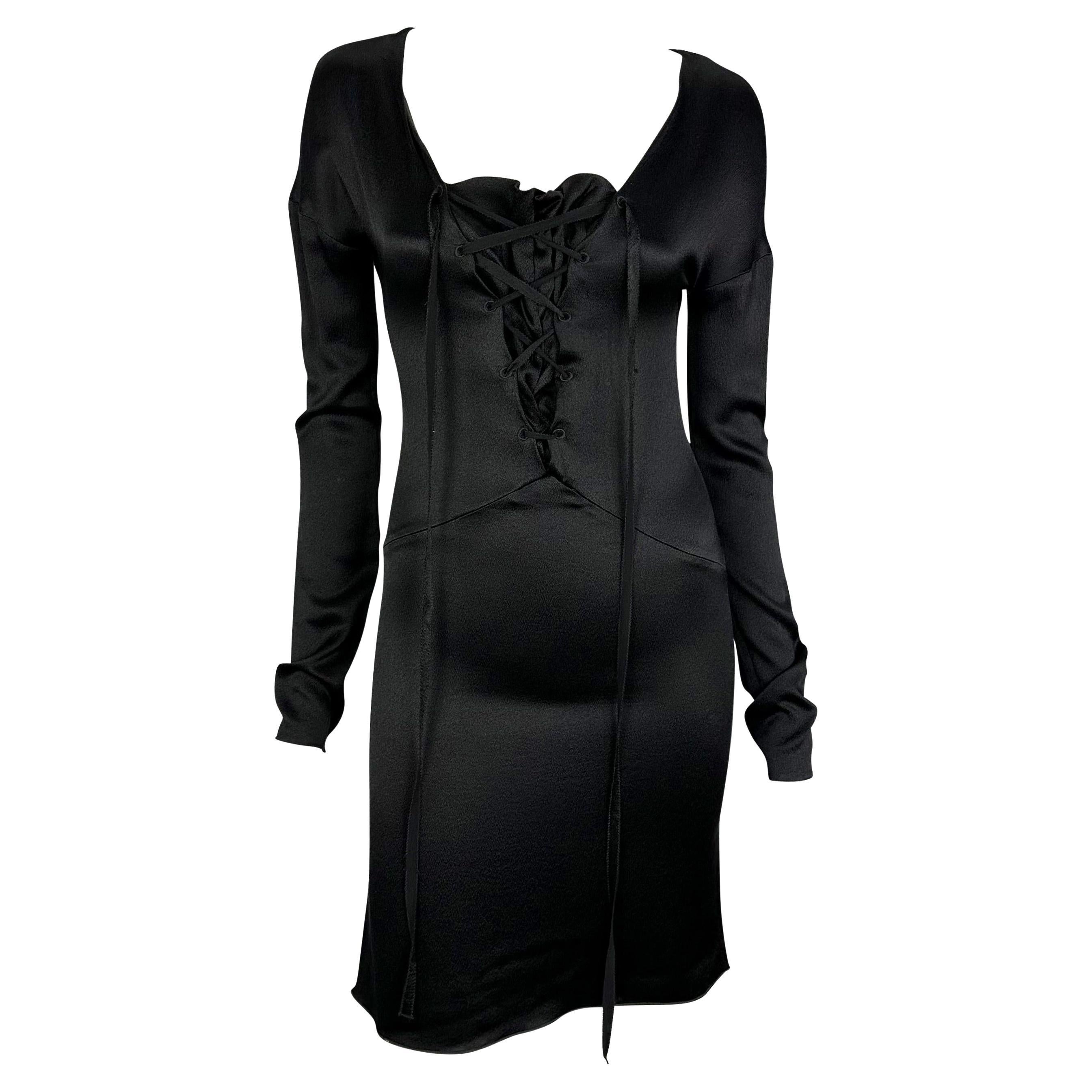 F/W 2002 Gucci by Tom Ford Black Silk Lace-Up Flare Mini Dress  For Sale