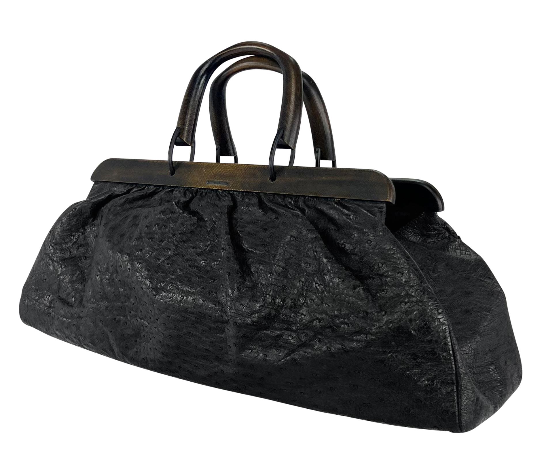 Black F/W 2002 Gucci by Tom Ford Extra-Large Ostrich Skin Wood Handled Tote Bag For Sale