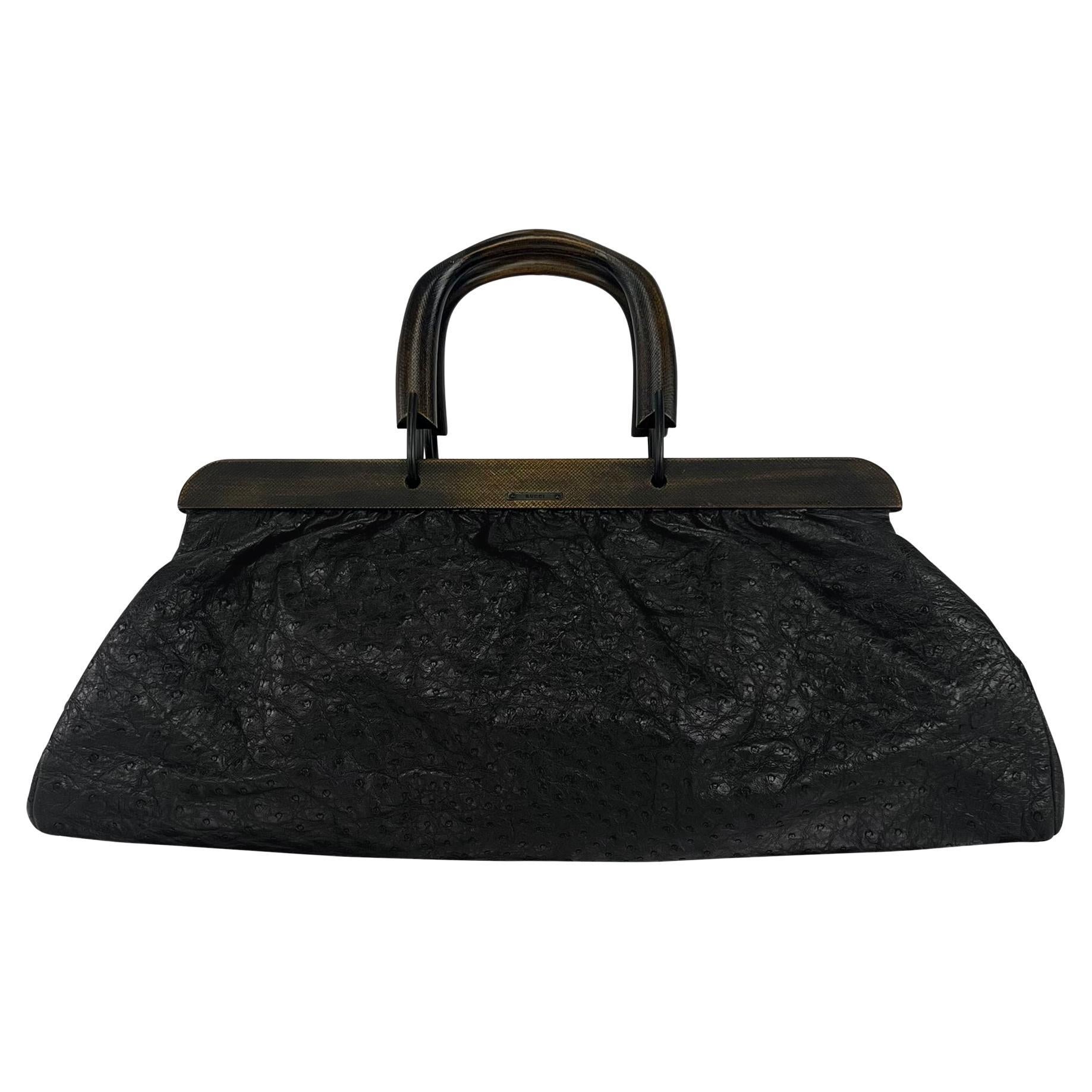 F/W 2002 Gucci by Tom Ford Extra-Large Ostrich Skin Wood Handled Tote Bag For Sale