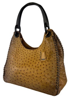 F/W 2002 Gucci by Tom Ford Genuine Ostrich Leather Wood Top Handle Tan Bag