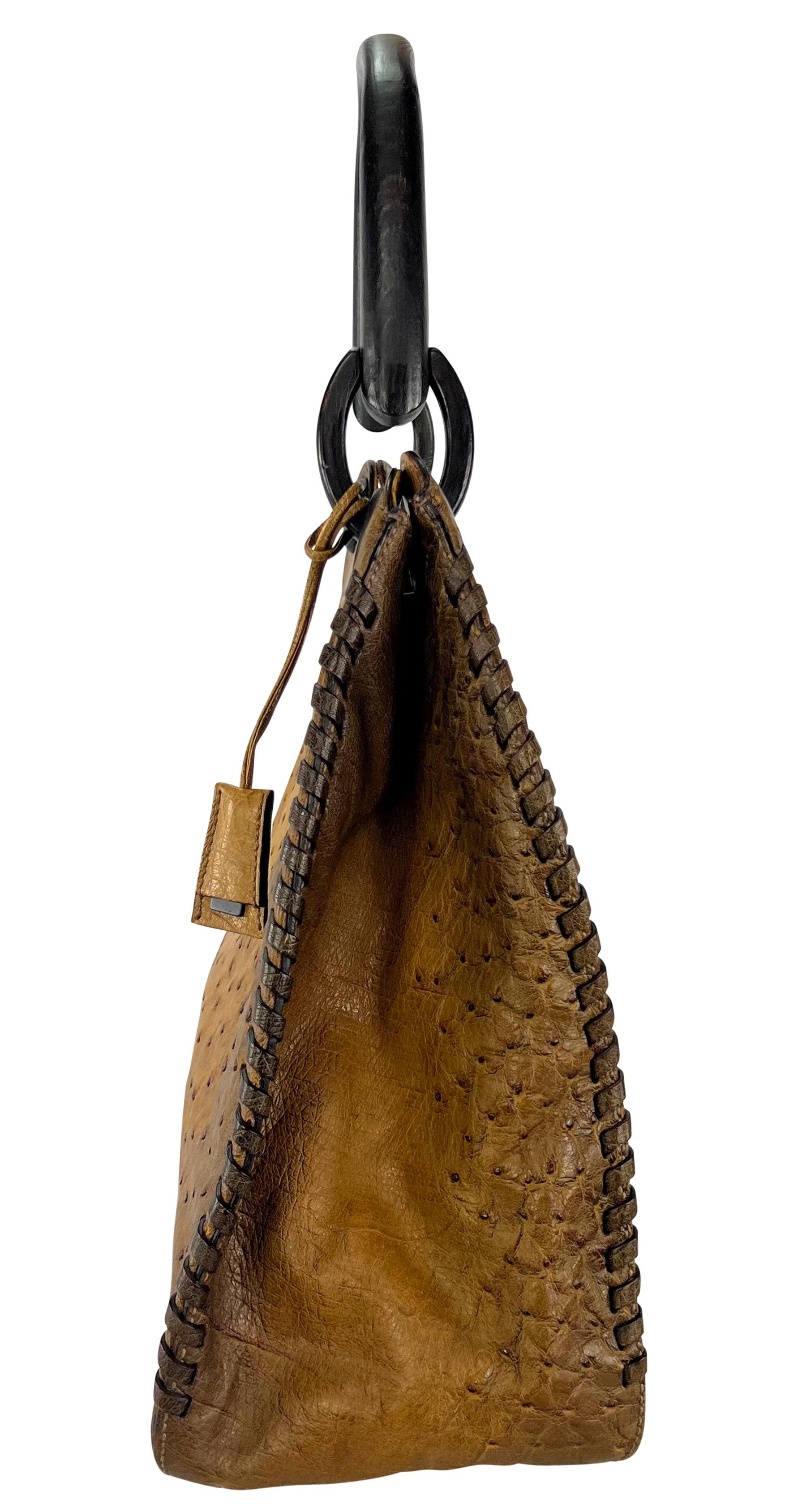 Brown F/W 2002 Gucci by Tom Ford Genuine Ostrich Leather Wood Top Handle Tan Bag