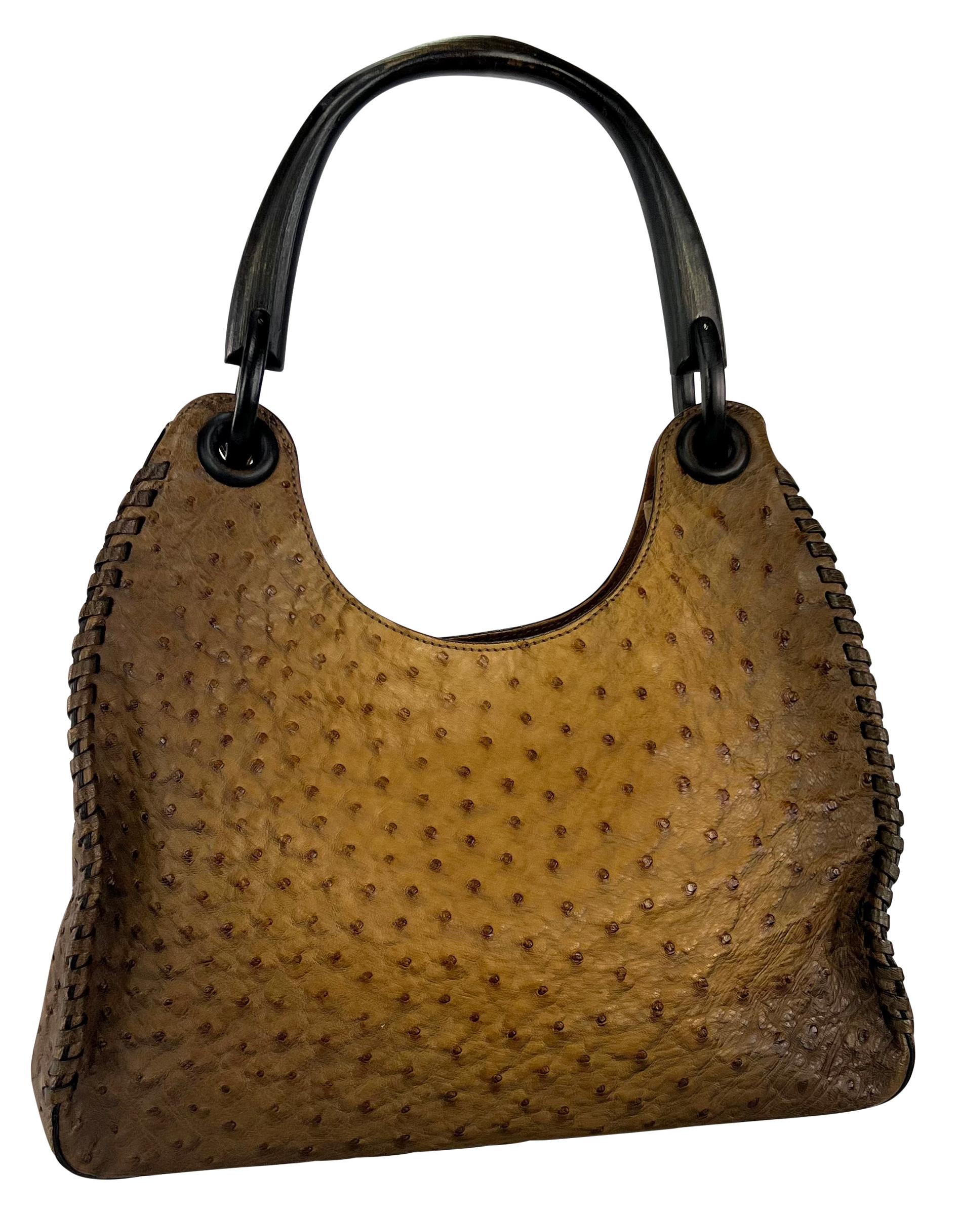 Women's F/W 2002 Gucci by Tom Ford Genuine Ostrich Leather Wood Top Handle Tan Bag