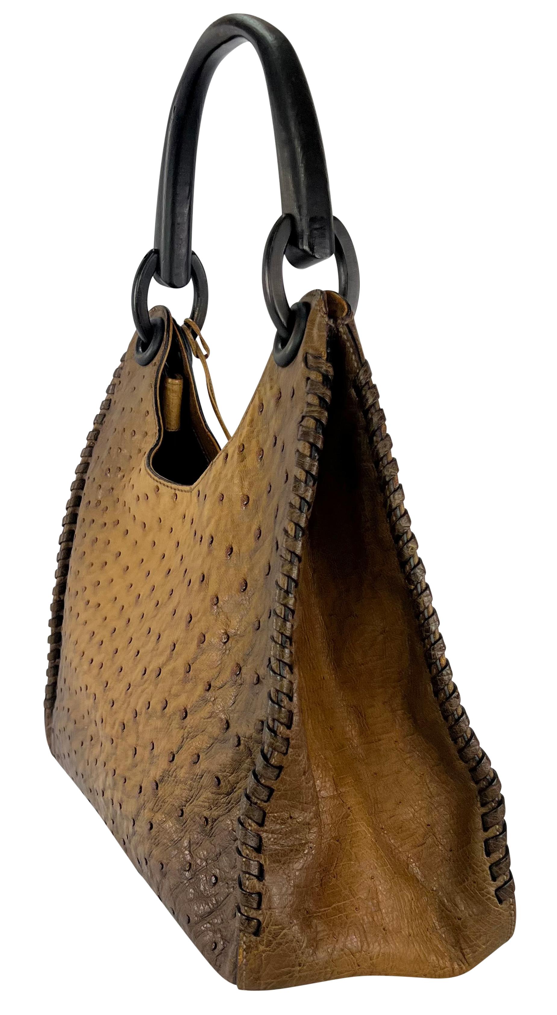 F/W 2002 Gucci by Tom Ford Genuine Ostrich Leather Wood Top Handle Tan Bag 1