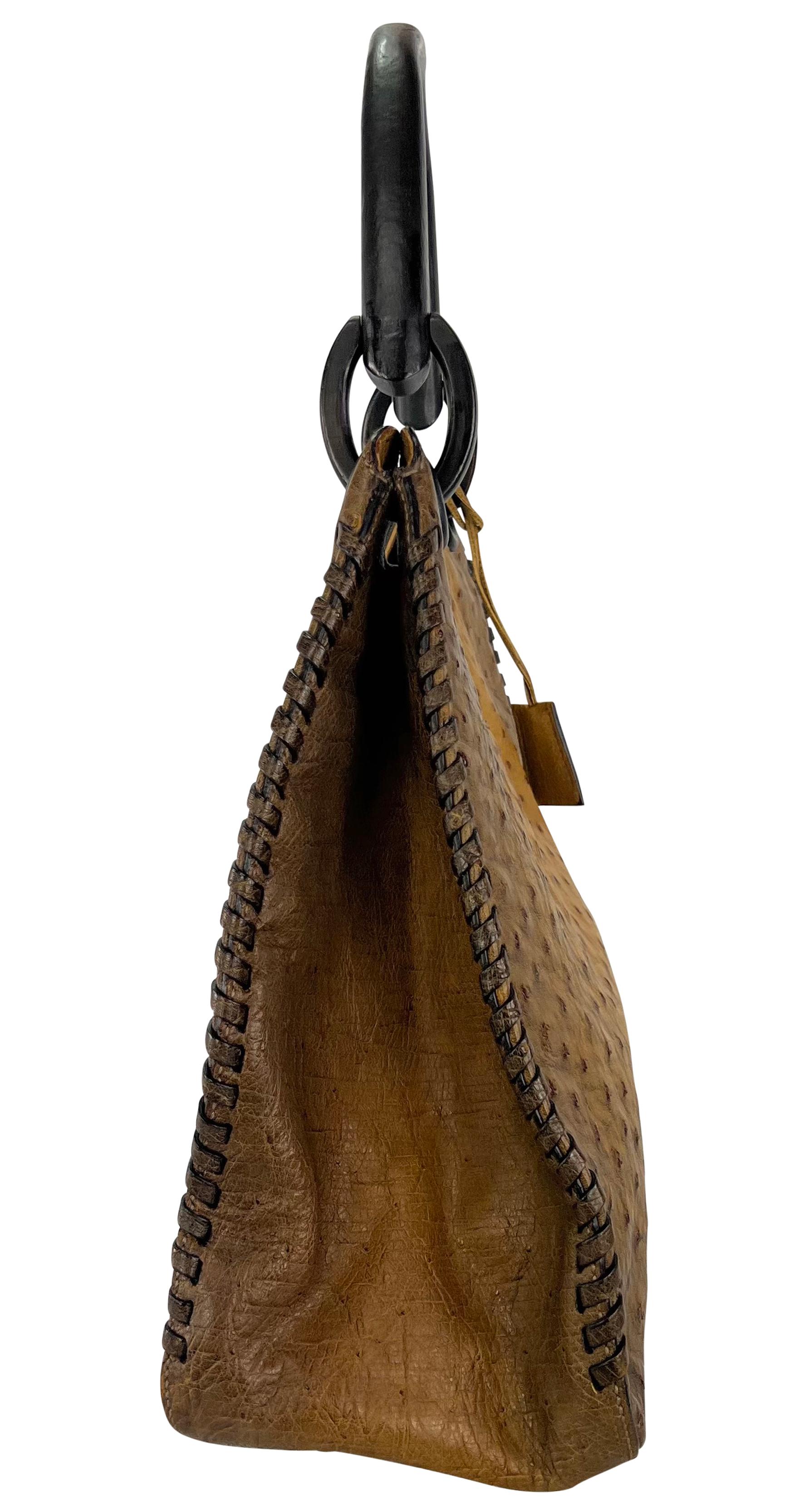 F/W 2002 Gucci by Tom Ford Genuine Ostrich Leather Wood Top Handle Tan Bag 2