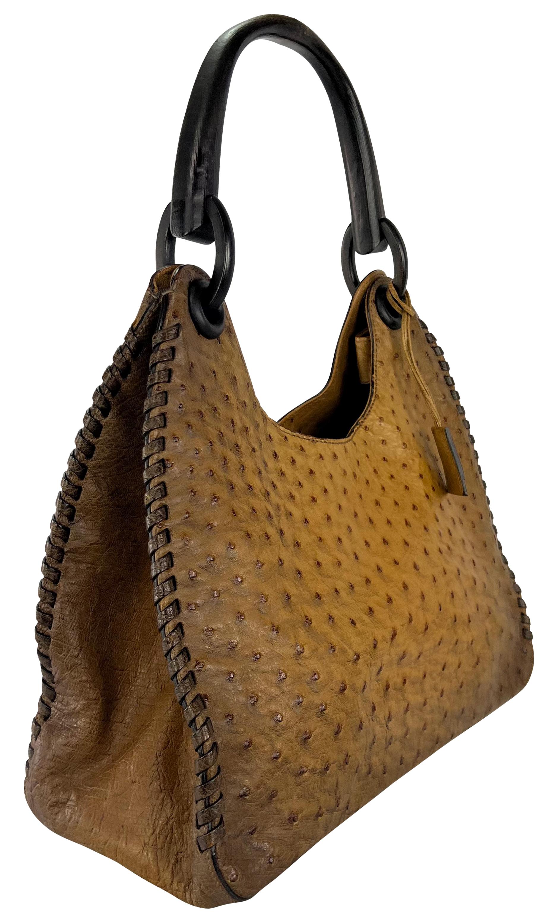 F/W 2002 Gucci by Tom Ford Genuine Ostrich Leather Wood Top Handle Tan Bag 3
