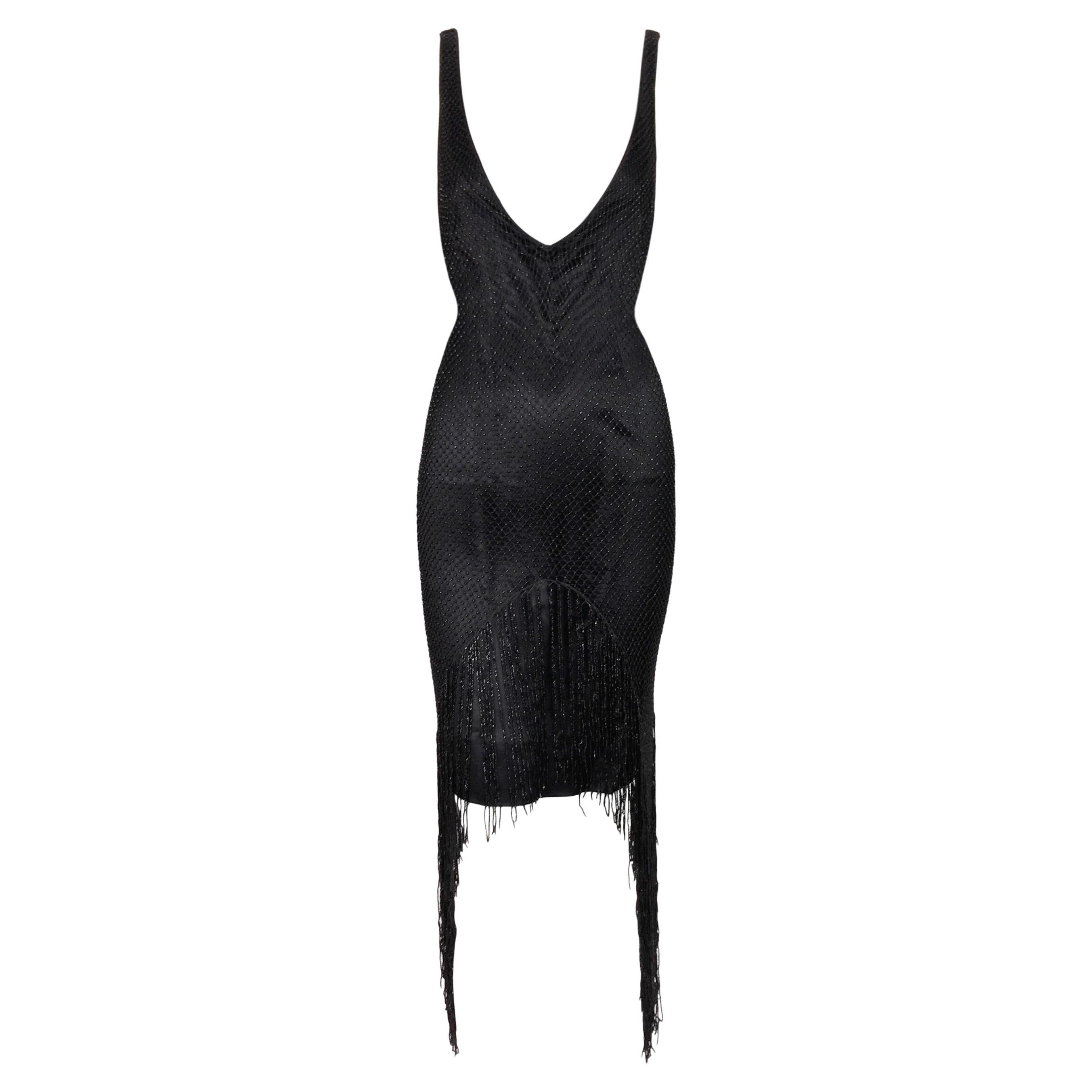 F/W 2002 Gucci Tom Ford Runway 20's Flapper Plunging Black Beaded Mesh Dress