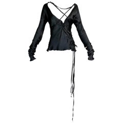 F/W 2002 Gucci Tom Ford Runway Black Silk Plunging Corset Ties Blouse Top