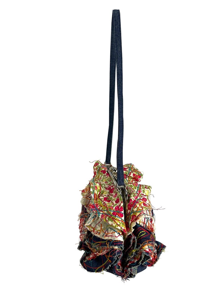 F/W 2002 John Galliano Denim Ruffle Multicolor Stitch Ruffle Bag  In Good Condition For Sale In Philadelphia, PA