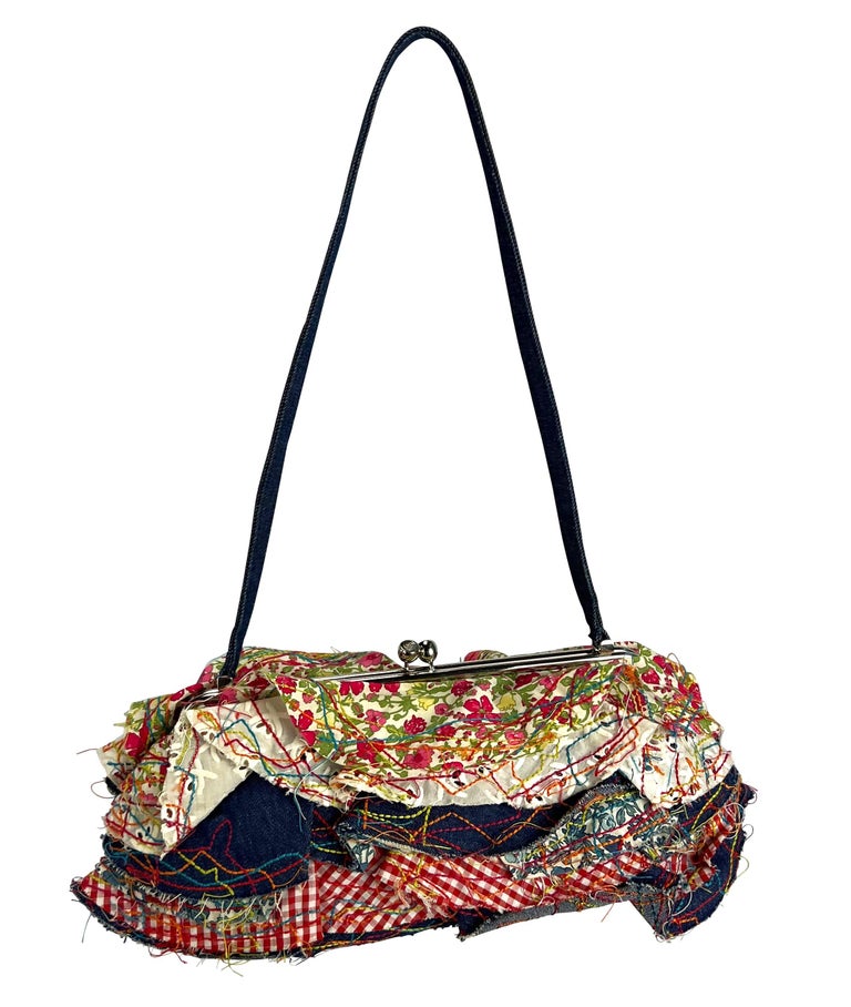 Women's F/W 2002 John Galliano Denim Ruffle Multicolor Stitch Ruffle Bag  For Sale