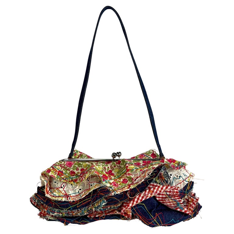 F/W 2002 John Galliano Denim Ruffle Multicolor Stitch Ruffle Bag  For Sale
