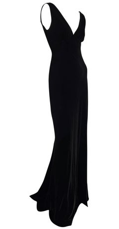 Retro F/W 2002 Ralph Lauren Runway Plunging V Neckline Black Velvet Sleeveless Gown