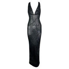 F/W 2002 Roberto Cavalli Runway Black Applique Sheer Column Maxi Dress L