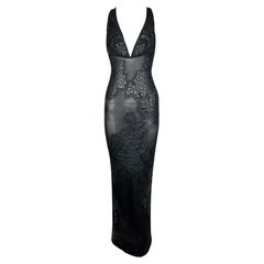 F/W 2002 Roberto Cavalli Runway Black Applique Sheer Column Maxi Dress S