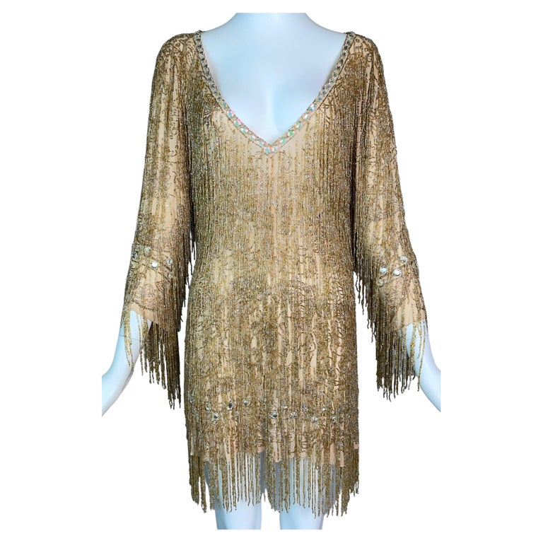 roberto cavalli gold fringe dress Roberto Cavalli Class 2000s Nude Gold Size 2 / 4 Deco Beaded Fringe Mesh Dress For Sale at 1stDibs