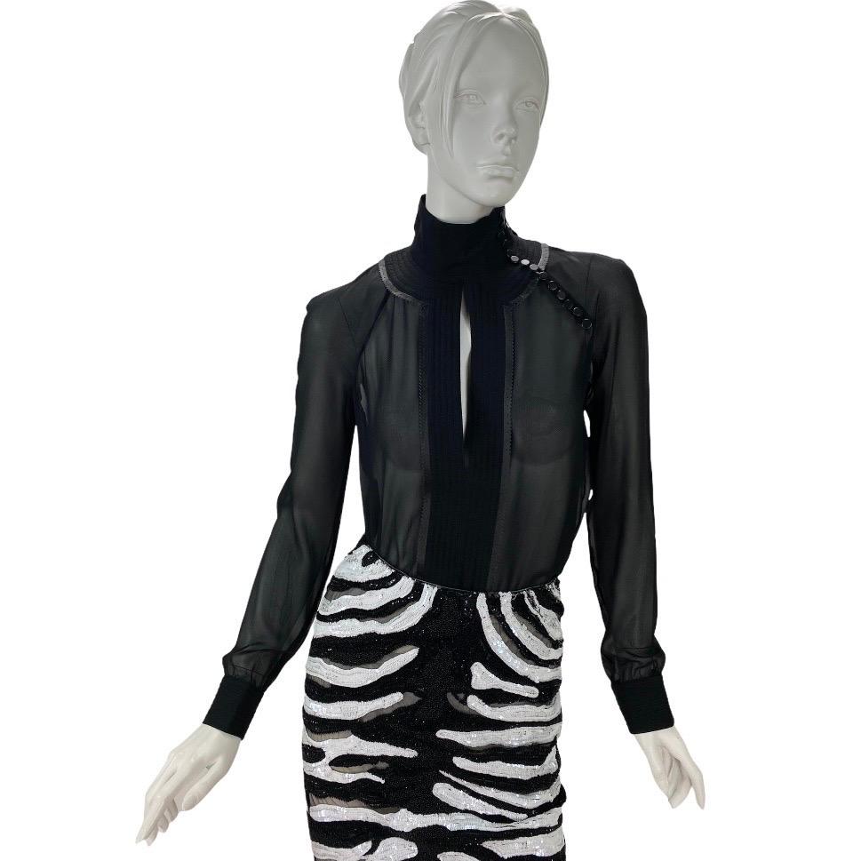 F/W 2002 Vintage Gianni Versace Couture Black Silk Shirt with Leather Detail 38 For Sale 1