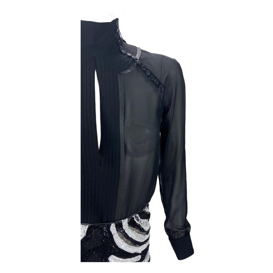 F/W 2002 Vintage Gianni Versace Couture Black Silk Shirt with Leather Detail 38 For Sale 2