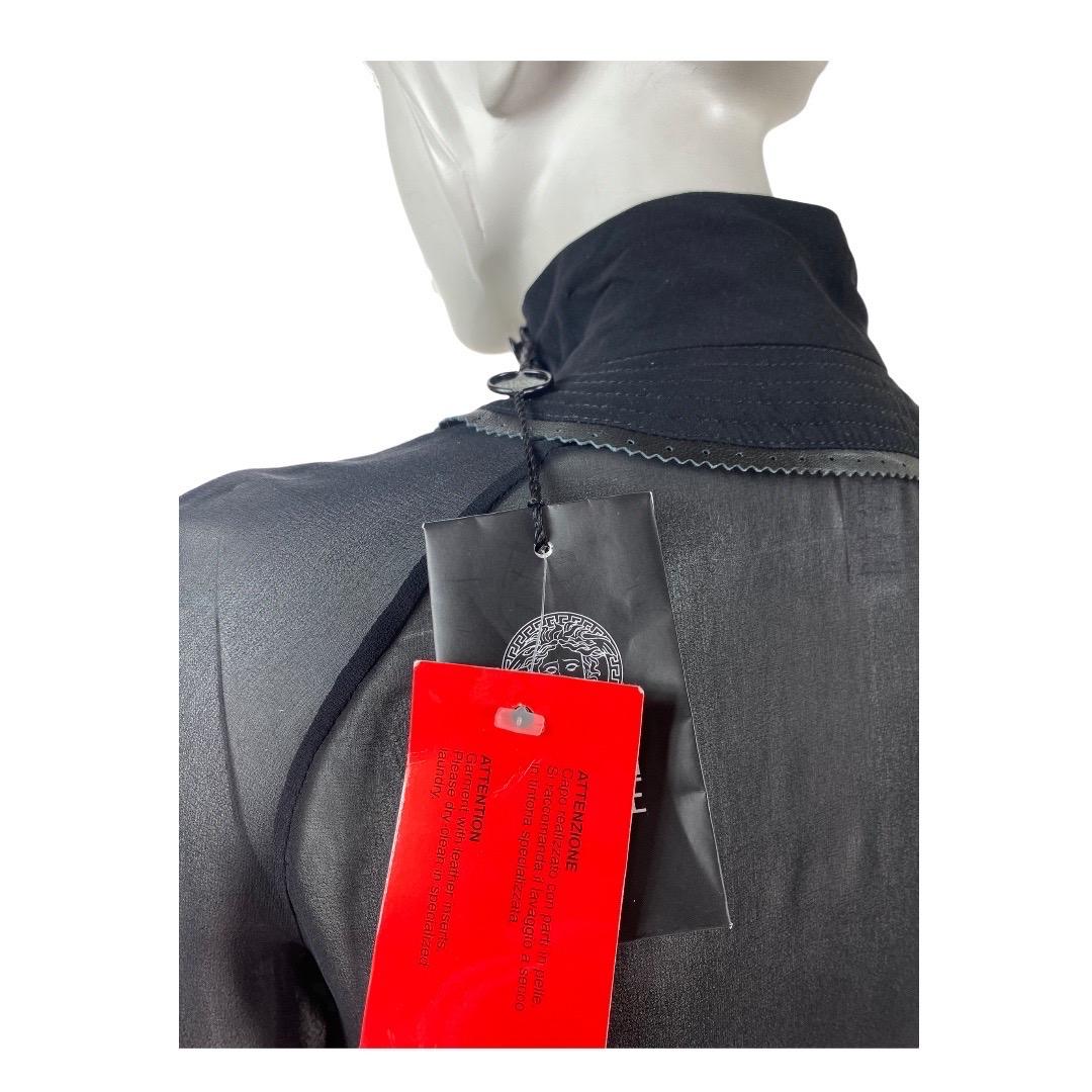 F/W 2002 Vintage Gianni Versace Couture Black Silk Shirt with Leather Detail 38 For Sale 4