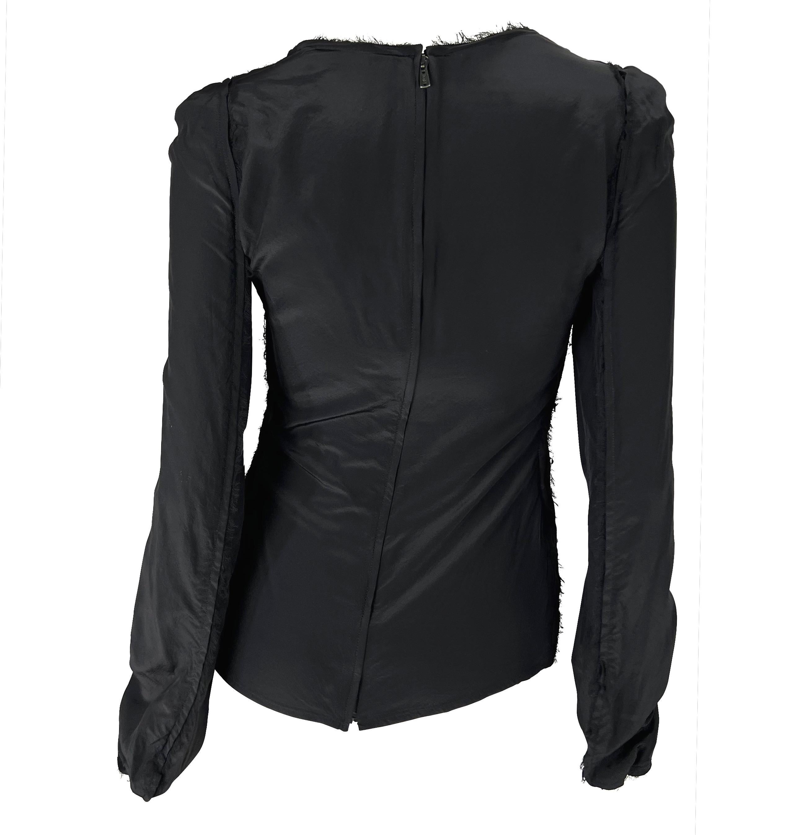 Women's F/W 2002 Yves Saint Laurent by Tom Ford Black Raw-Edge Silk Sheer Plunge Top For Sale