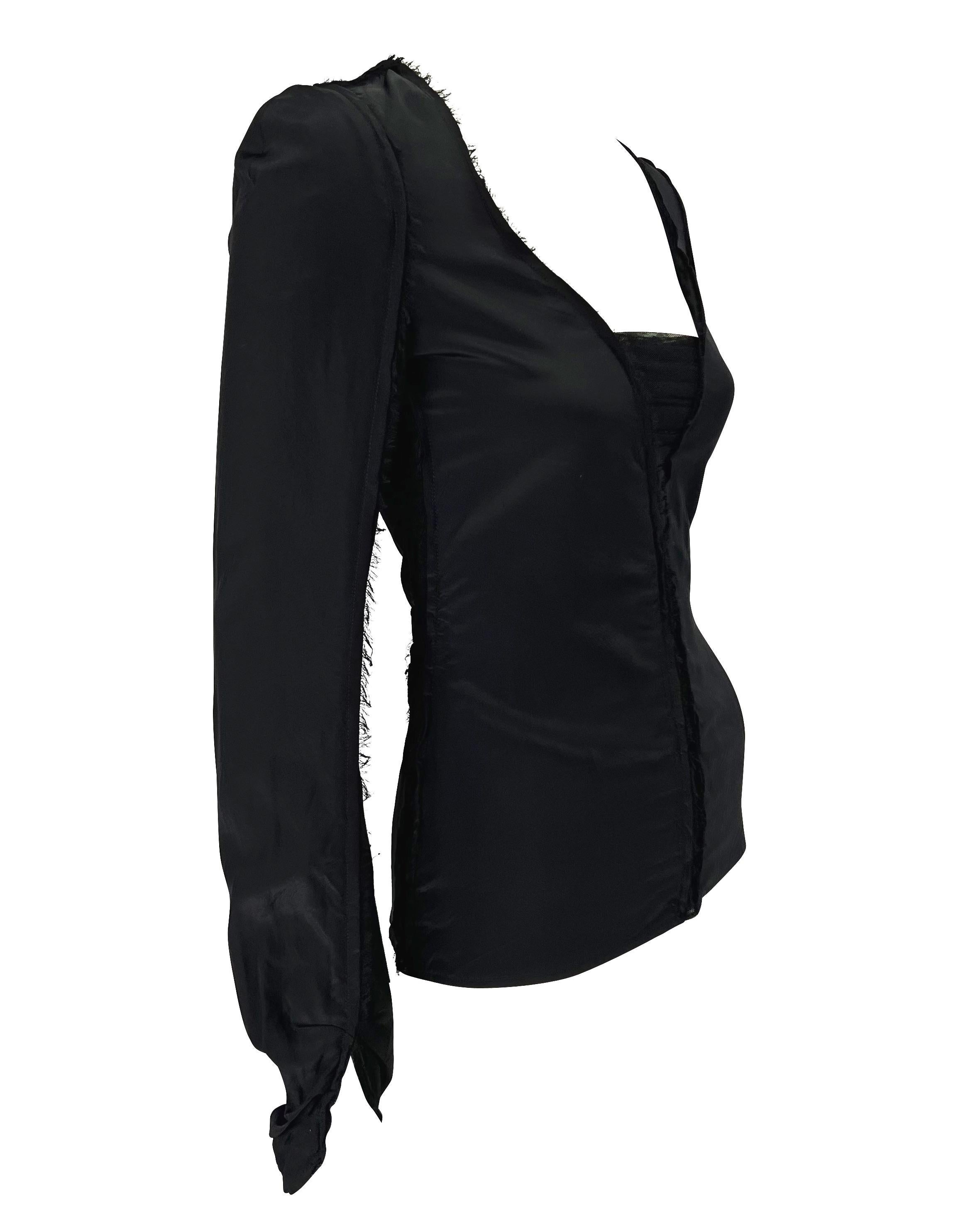 F/W 2002 Yves Saint Laurent by Tom Ford Black Raw-Edge Silk Sheer Plunge Top For Sale 1