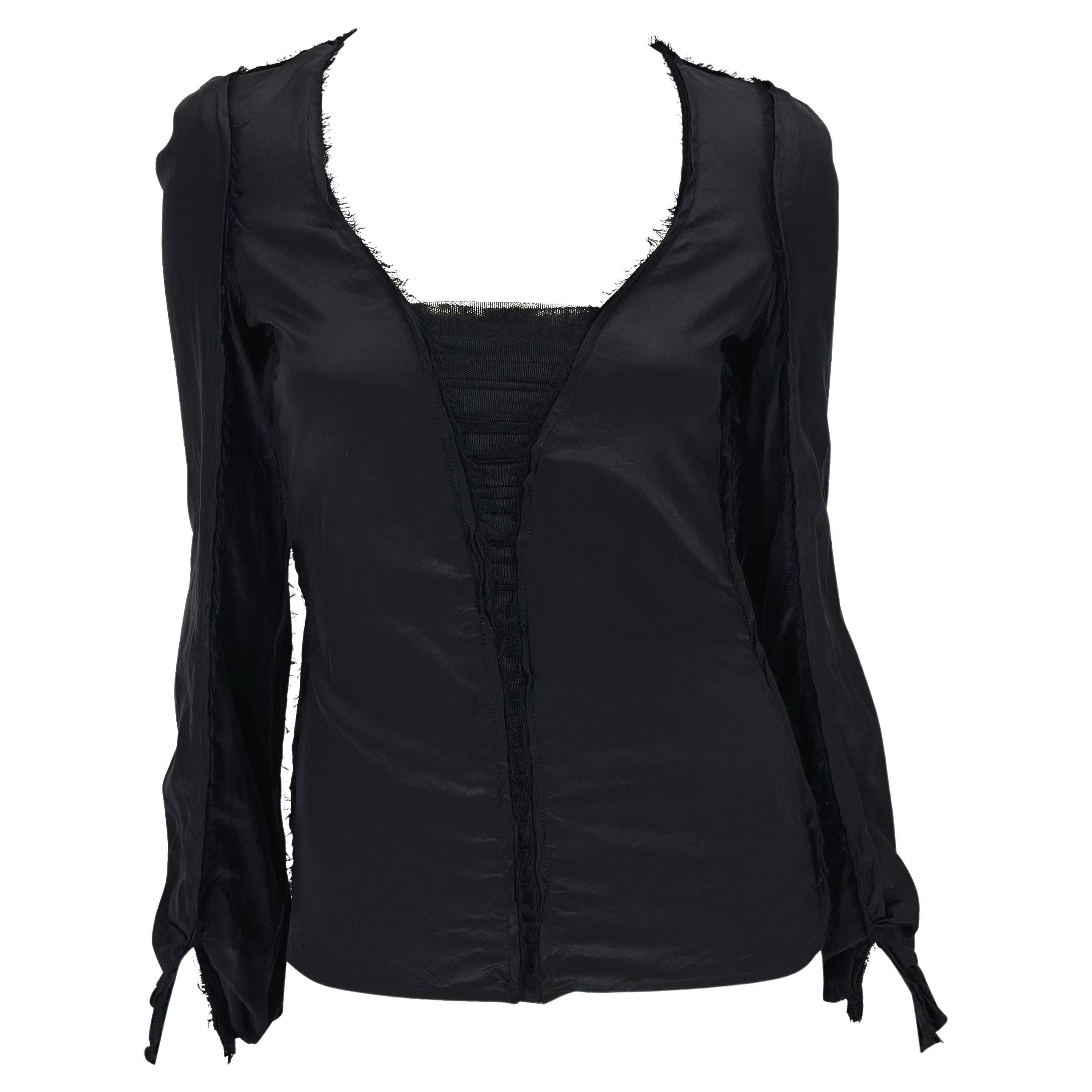 F/W 2002 Yves Saint Laurent by Tom Ford Black Raw-Edge Silk Sheer Plunge Top For Sale