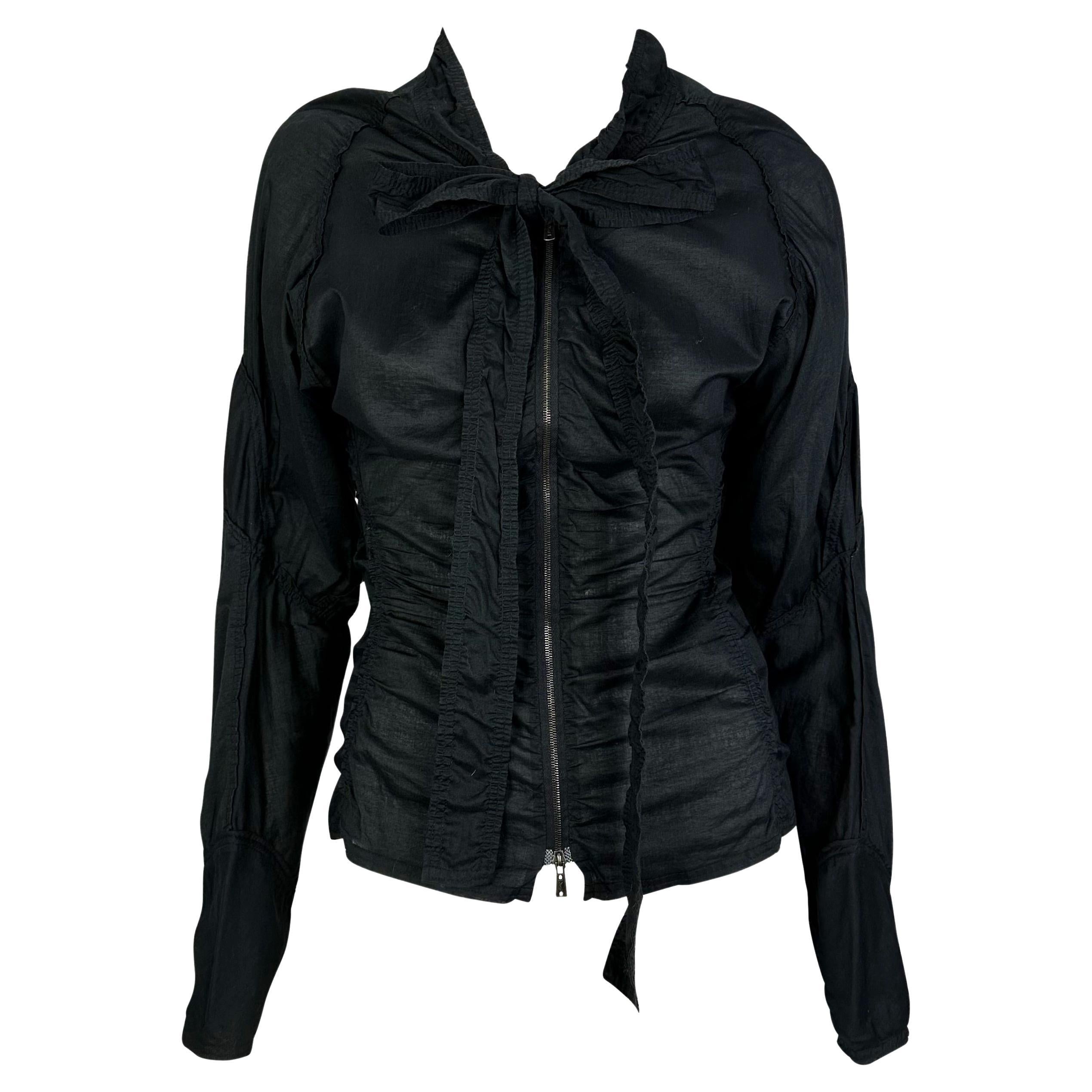 S/S 2002 Yves Saint Laurent by Tom Ford Safari Black Ruched Pussy Bow Zip Top For Sale