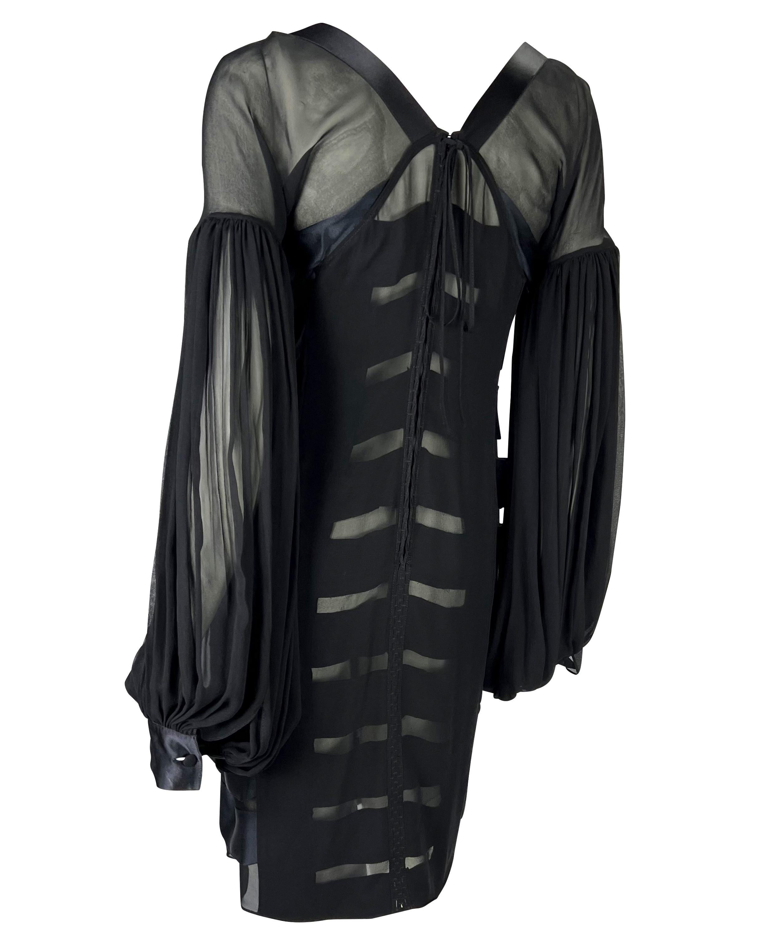 F/W 2002 Yves Saint Laurent by Tom Ford Black Sheer Poet Sleeve Ribbon Dress For Sale 2