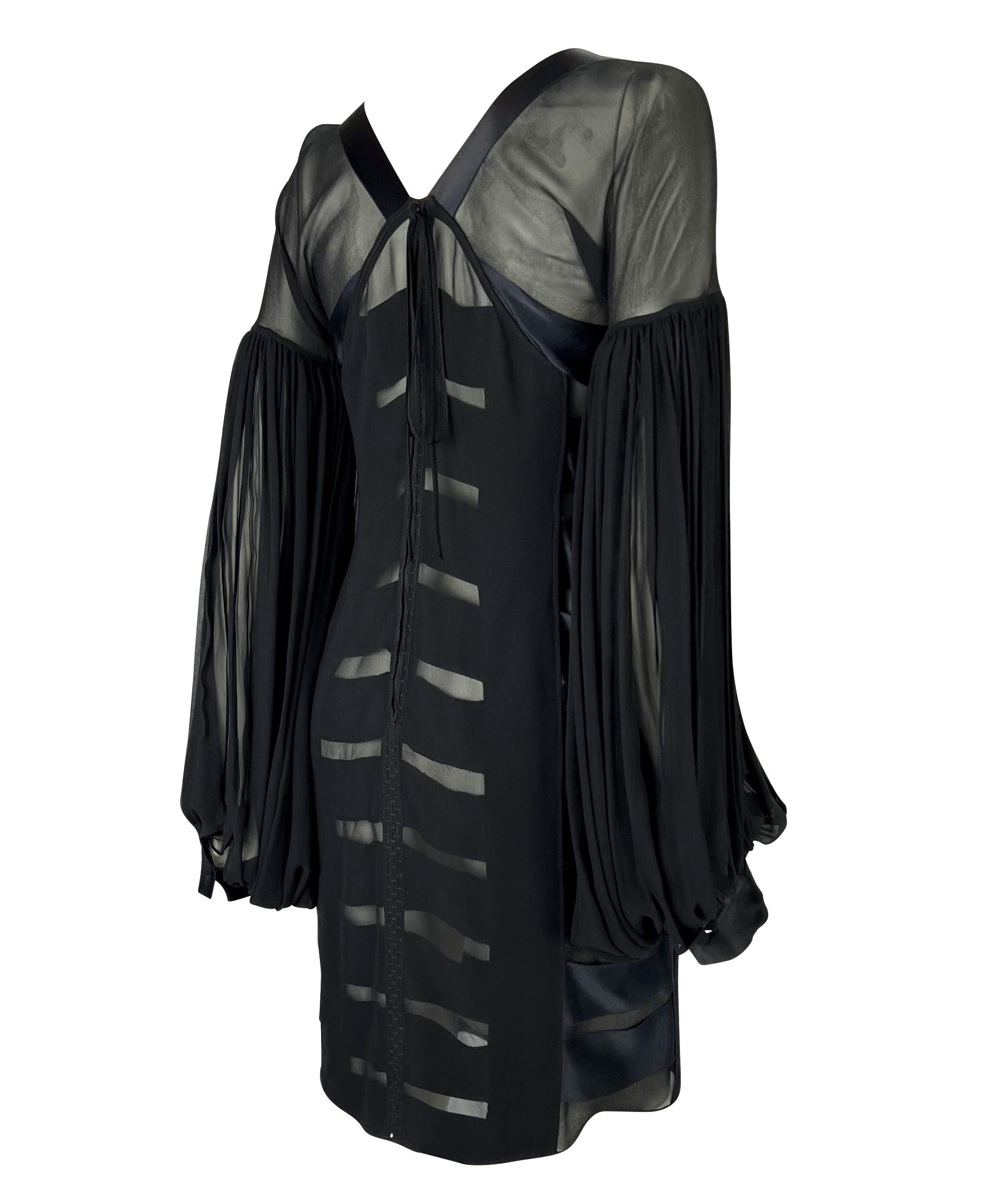 F/W 2002 Yves Saint Laurent by Tom Ford Black Sheer Poet Sleeve Ribbon Dress For Sale 4