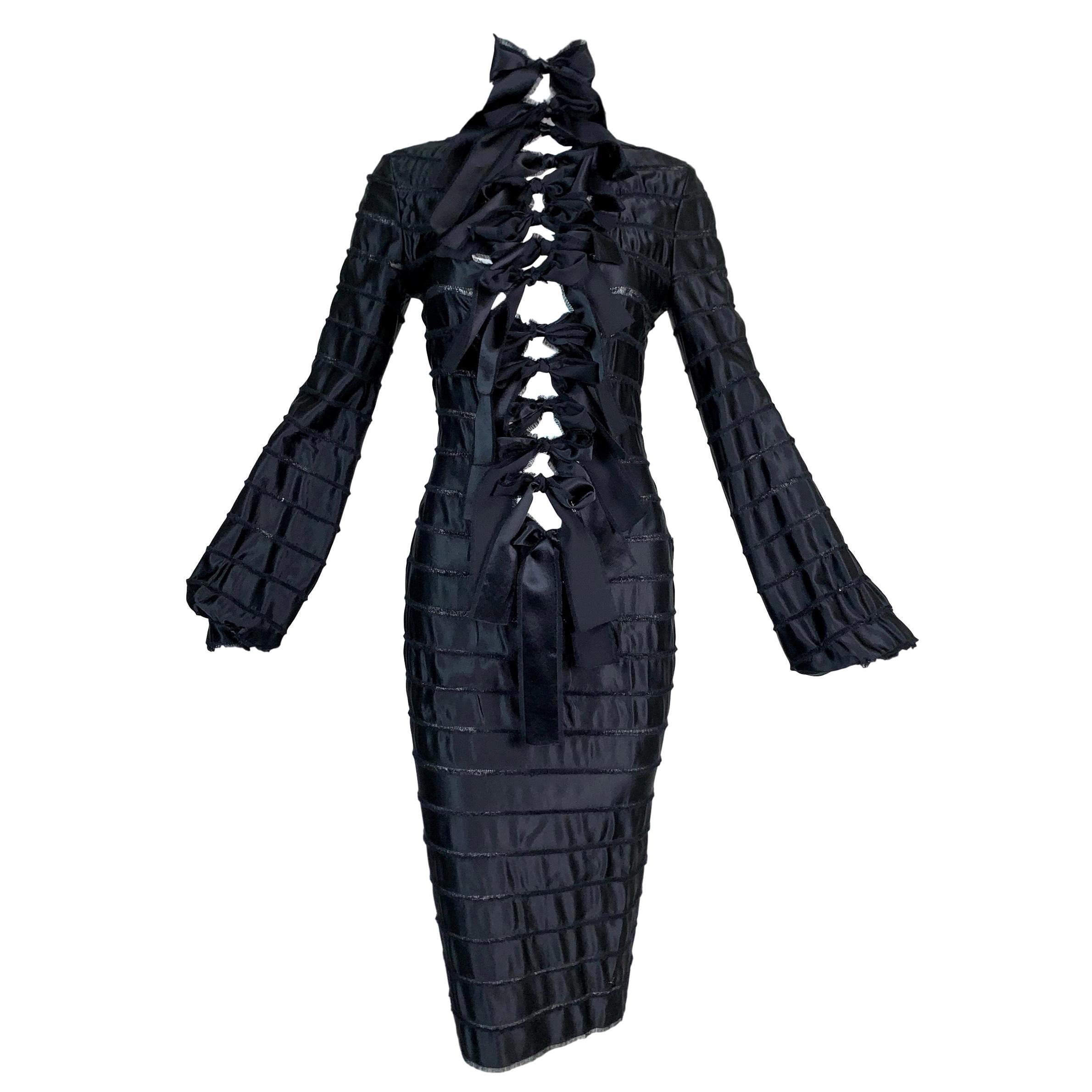 F/W 2002 Yves Saint Laurent by Tom Ford Black Silk Ribbon Cut-Out Dress