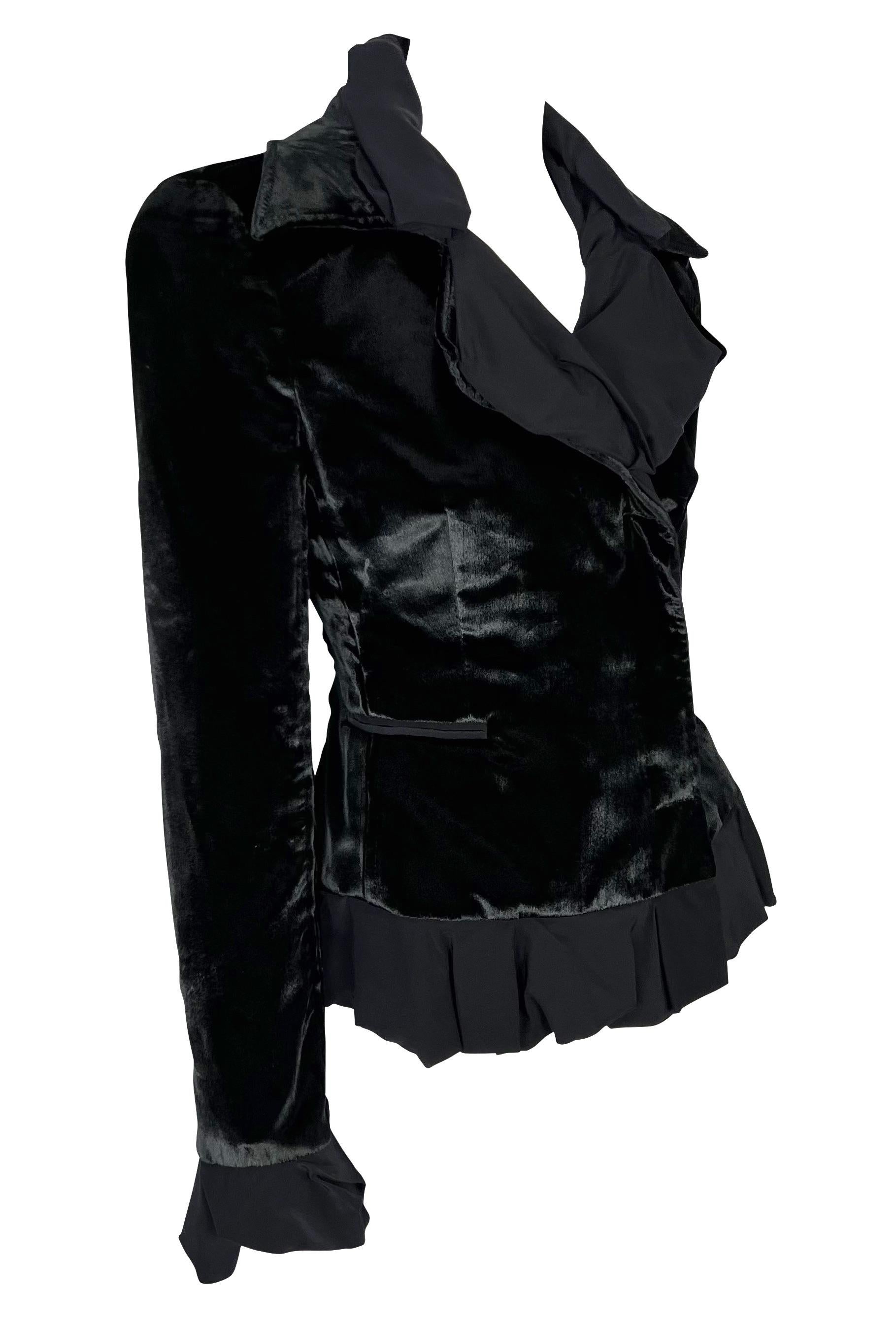 F/W 2002 Yves Saint Laurent by Tom Ford Black Velvet Panel Sheer Ruffle Jacket In Good Condition For Sale In West Hollywood, CA