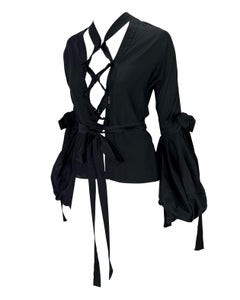 F/W 2002 Yves Saint Laurent by Tom Ford Ribbon Tie Balloon Sleeve Black Blouse