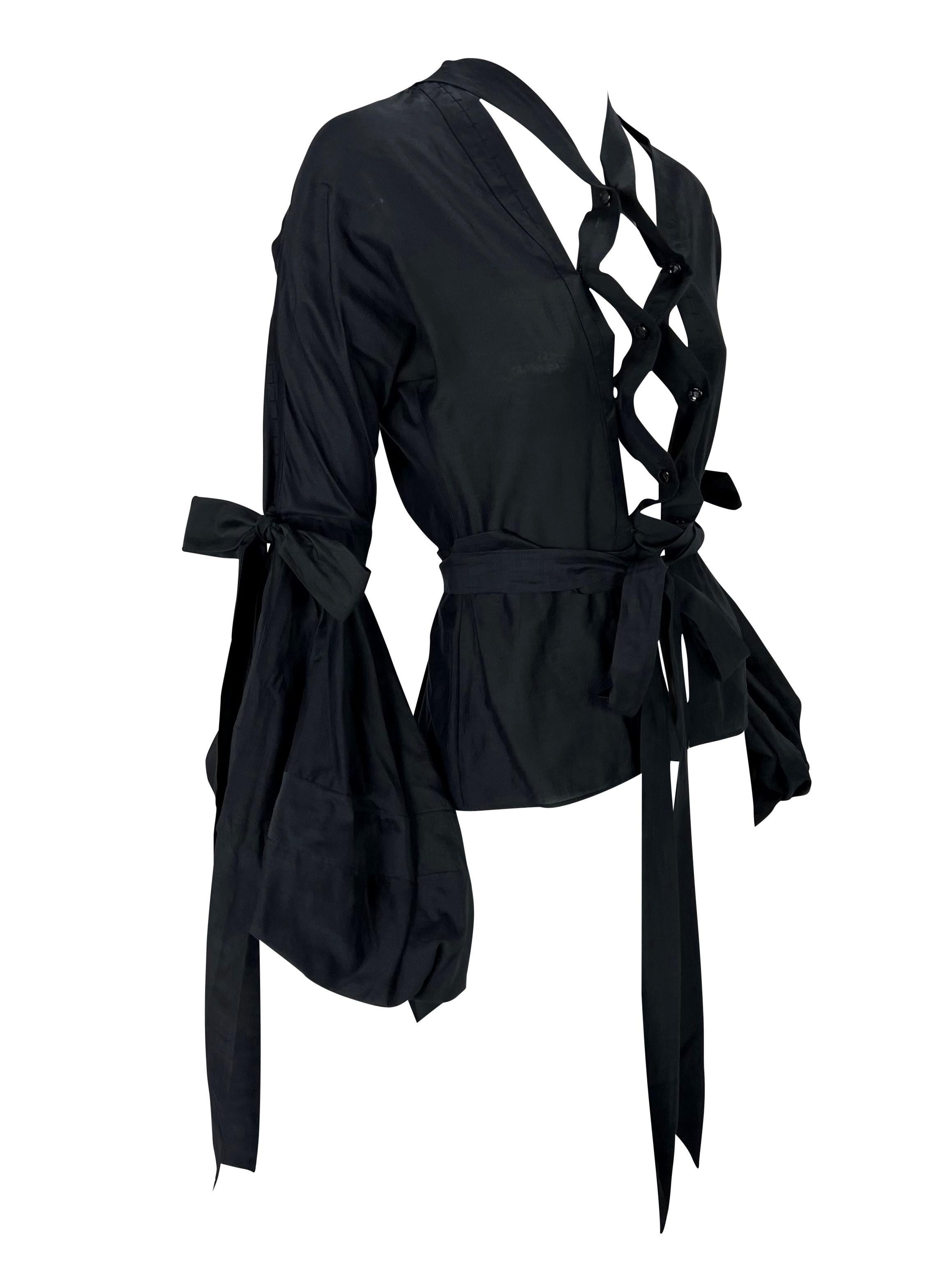 F/W 2002 Yves Saint Laurent by Tom Ford Ribbon Tie Balloon Sleeve Black Blouse For Sale 3