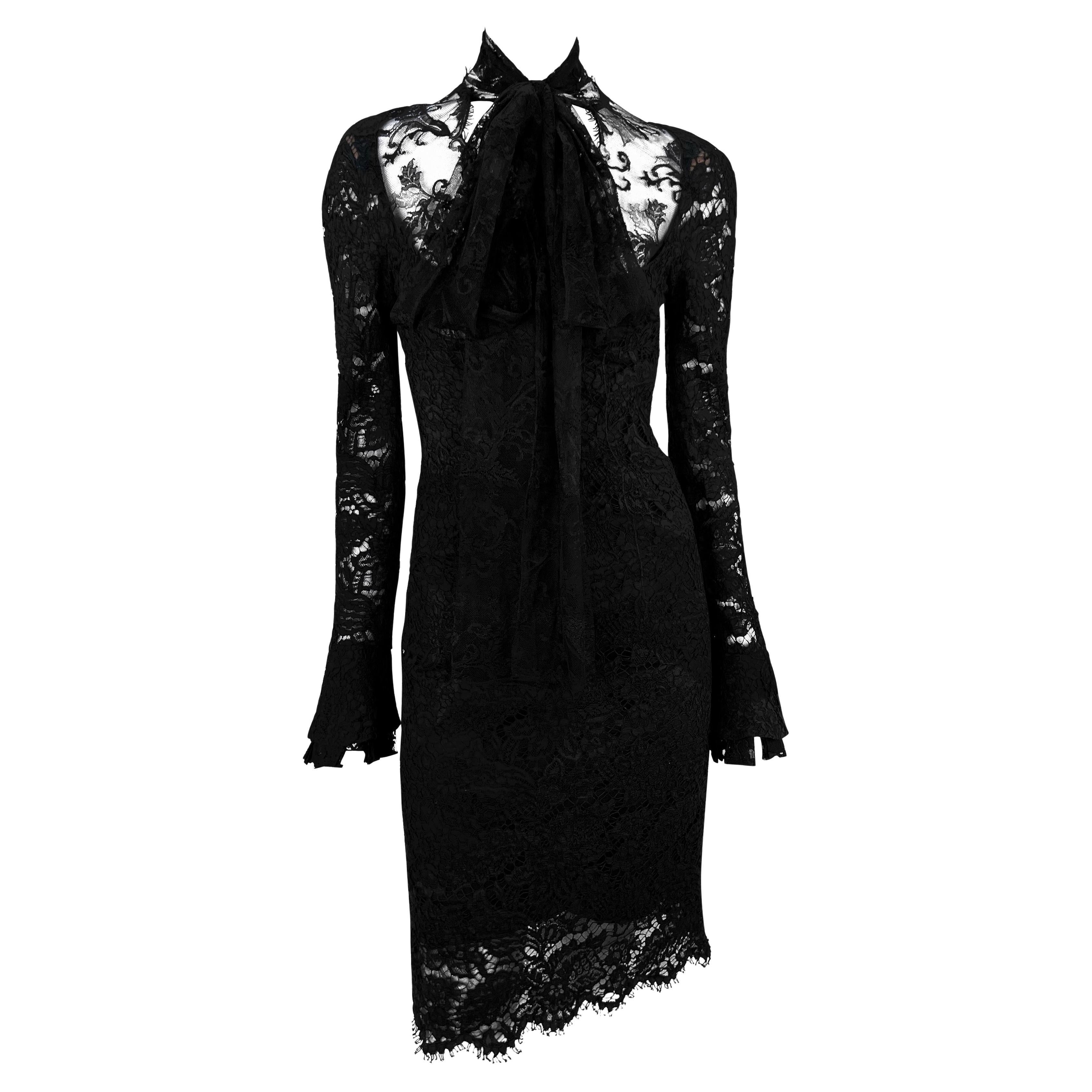 F/W 2002 Yves Saint Laurent by Tom Ford Runway Semi Sheer Black Lace Poet Dress